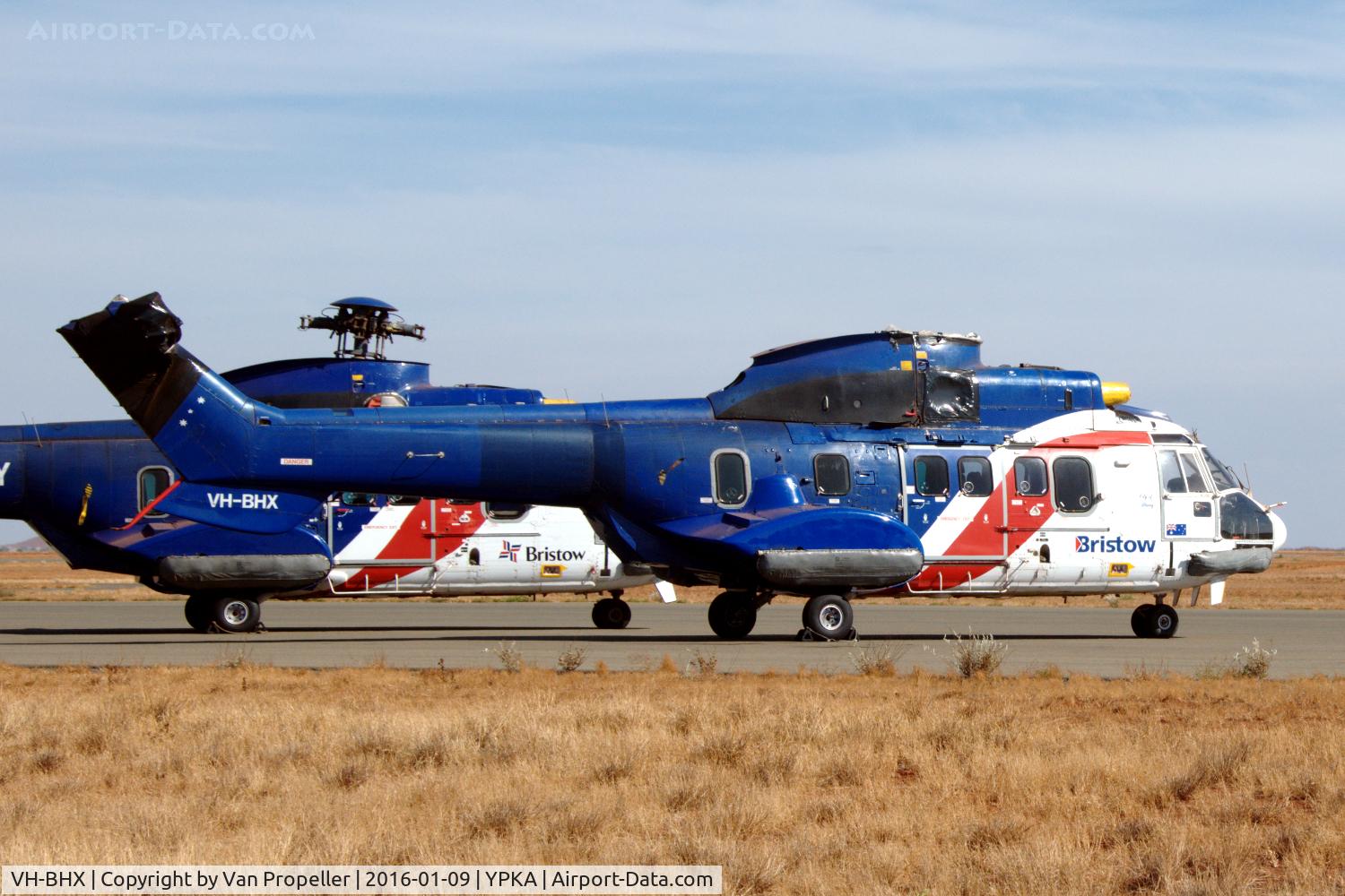VH-BHX, 1983 Aerospatiale AS-332L Super Puma C/N 2079, Aerospatiale AS332L Super Puma at Karratha airport, Western Australia. Note the missing main and tail rotors.