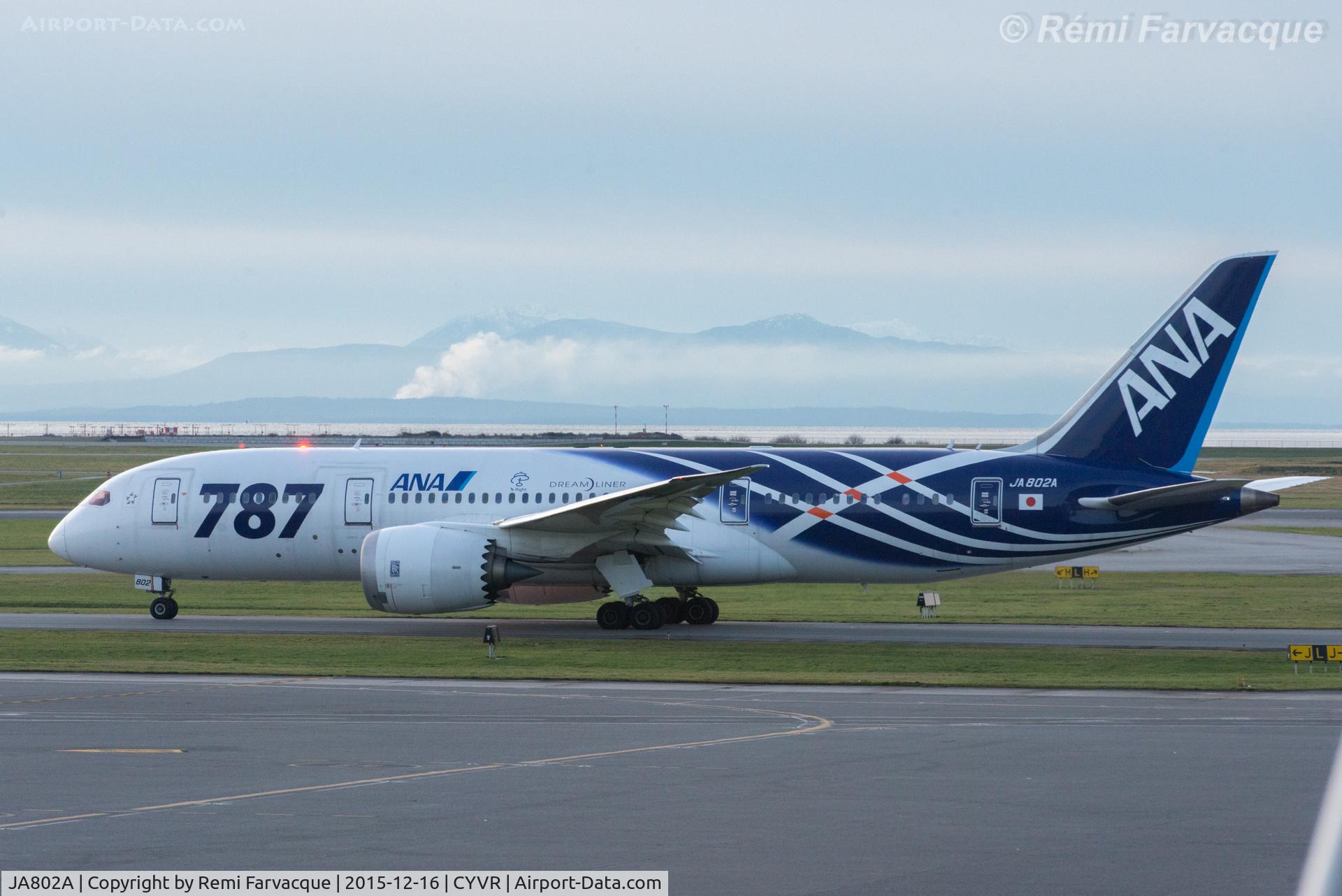JA802A, 2011 Boeing 787-8 Dreamliner C/N 34497, Taxiing for take-off, south runway.