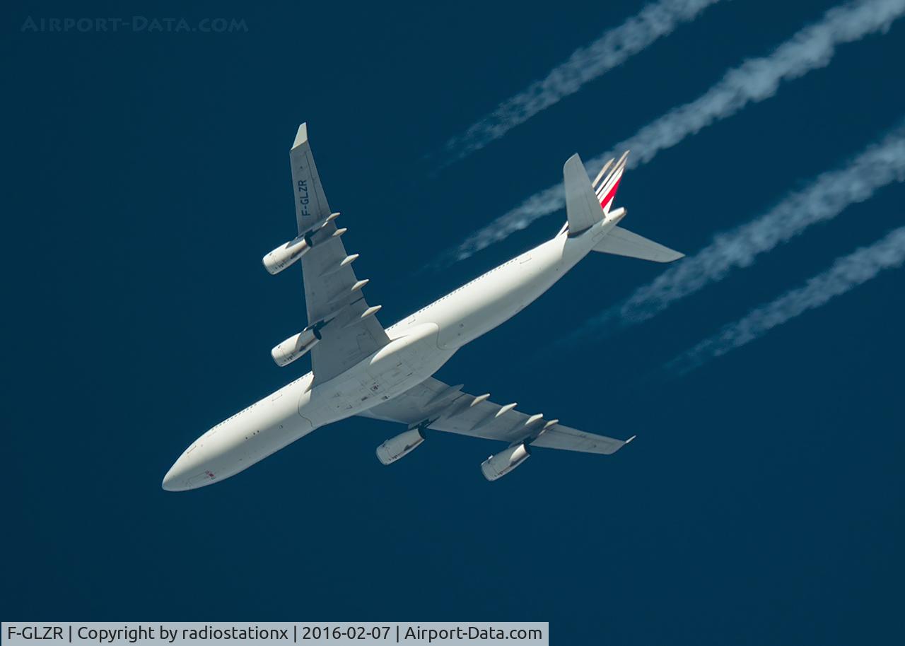 F-GLZR, 1999 Airbus A340-313X C/N 307, 7/2/16 Air France Airbus A340-300 F-GLZR Passes Overhead West Lancashire, England,UK working route Paris CDG-Montreal AFR342.