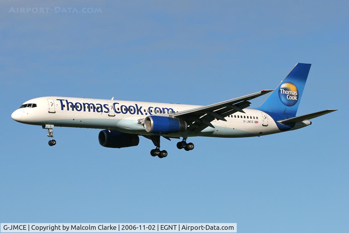 G-JMCE, 2000 Boeing 757-25F C/N 30758, Boeing 757-25F on approach to 25 at Newcastle Airport, November 2006.