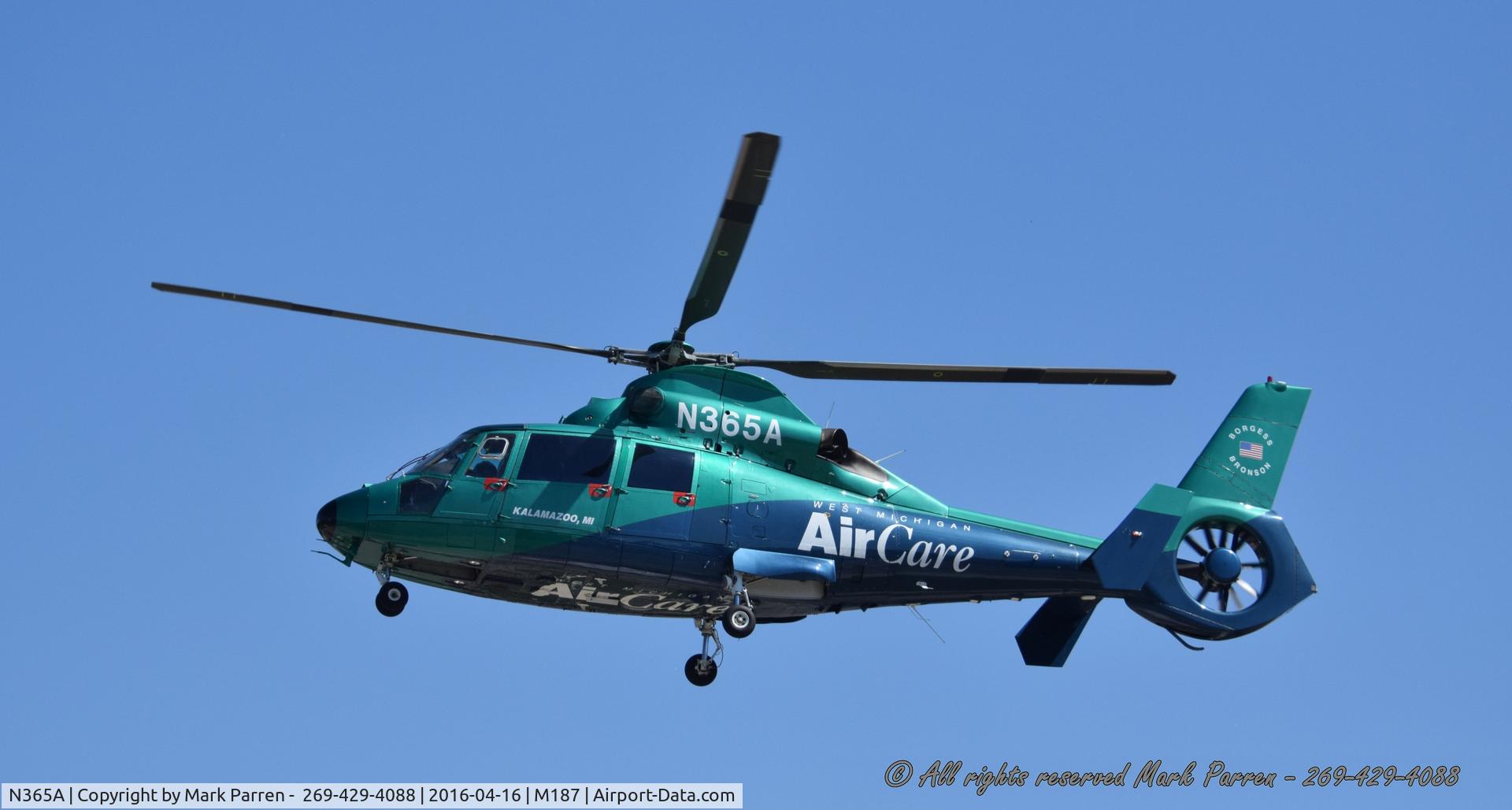 N365A, 1990 Aerospatiale AS-365N-2 Dauphin C/N 6379, Leaving Lakeland Watervliet Hospital with patient, heading to Kalamazoo.
