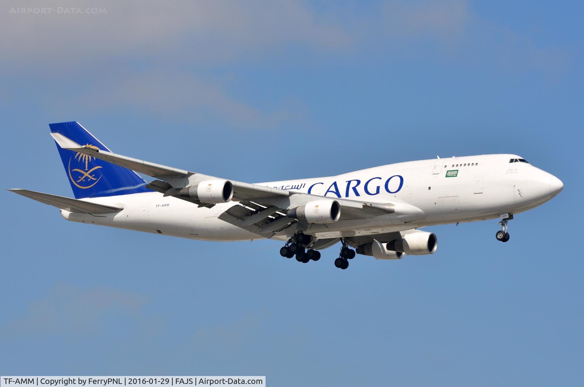 TF-AMM, 1993 Boeing 747-4H6BD SF C/N 25700, Saudia B744 Freighter arriving in JNB