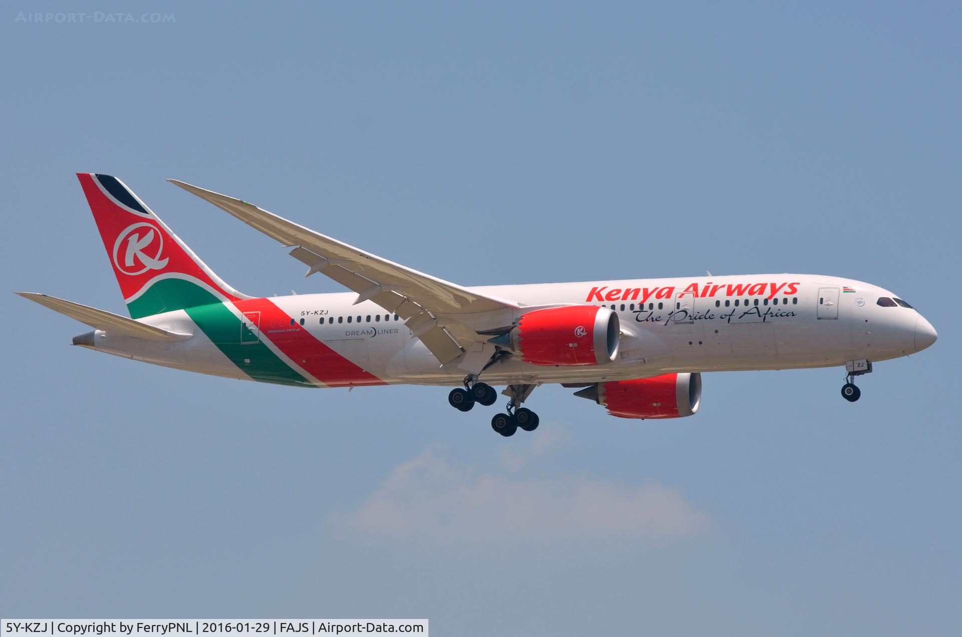 5Y-KZJ, 2015 Boeing 787-8 Dreamliner Dreamliner C/N 36046, Kenya Airways B788 arriving in JNB. This aircraft was leased to Oman Air after 5 months of service.