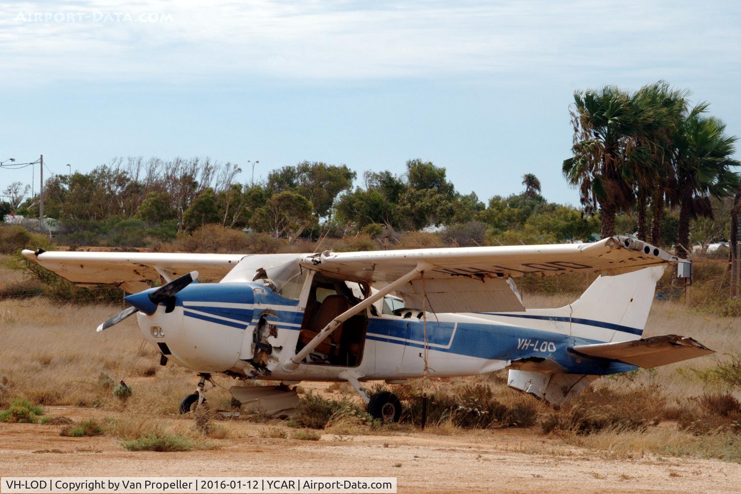 VH-LOD, 1975 Cessna 172M C/N 17266108, Cessna 172M at Carnarvon airport Western Australia. It sustained this damage when it was thrown on a fence next to the Shine Aviation hangar at YCAR during cyclone Olwyn, 14-03-2015.