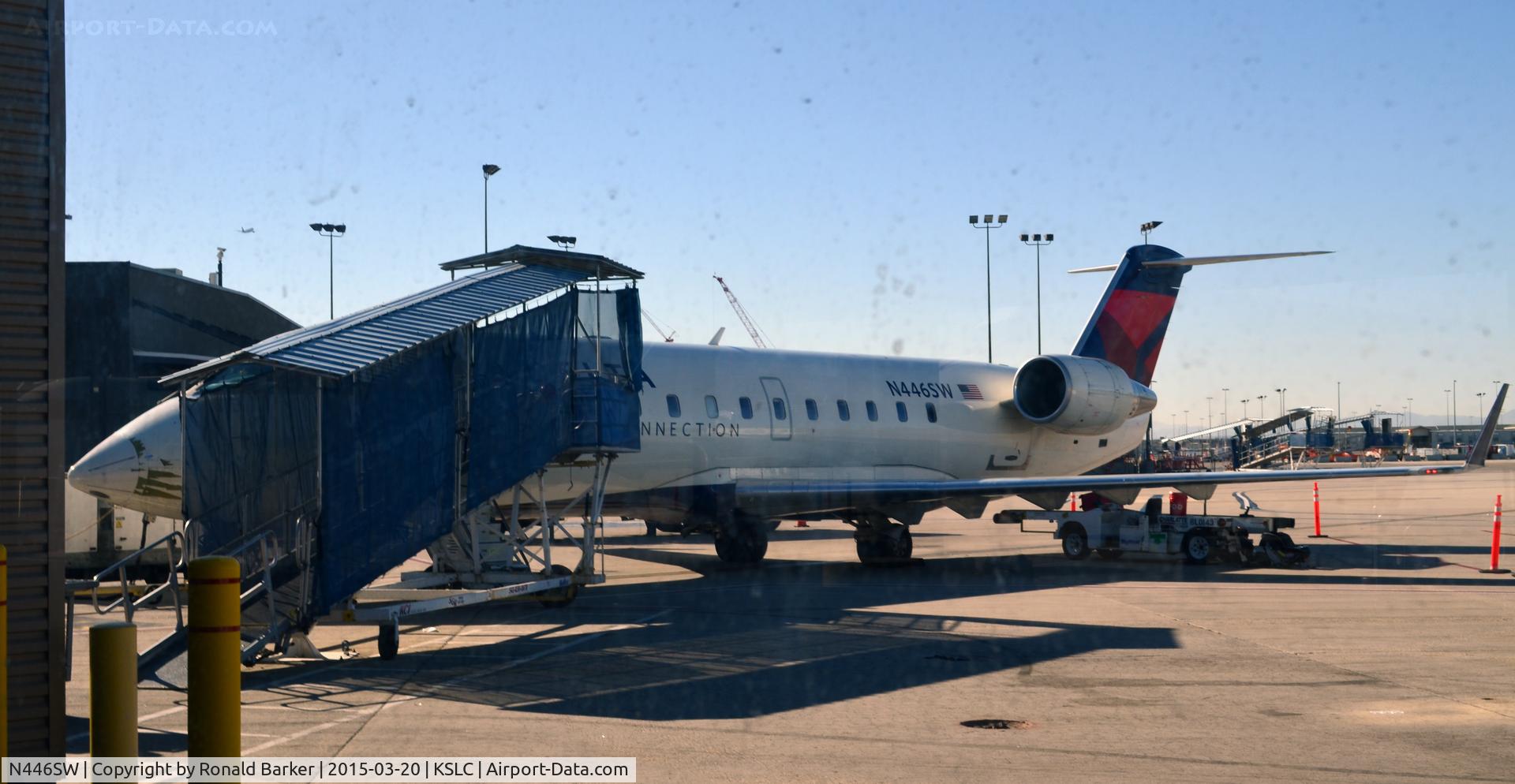 N446SW, 2002 Bombardier CRJ-200LR (CL-600-2B19) C/N 7666, At the gate SLC