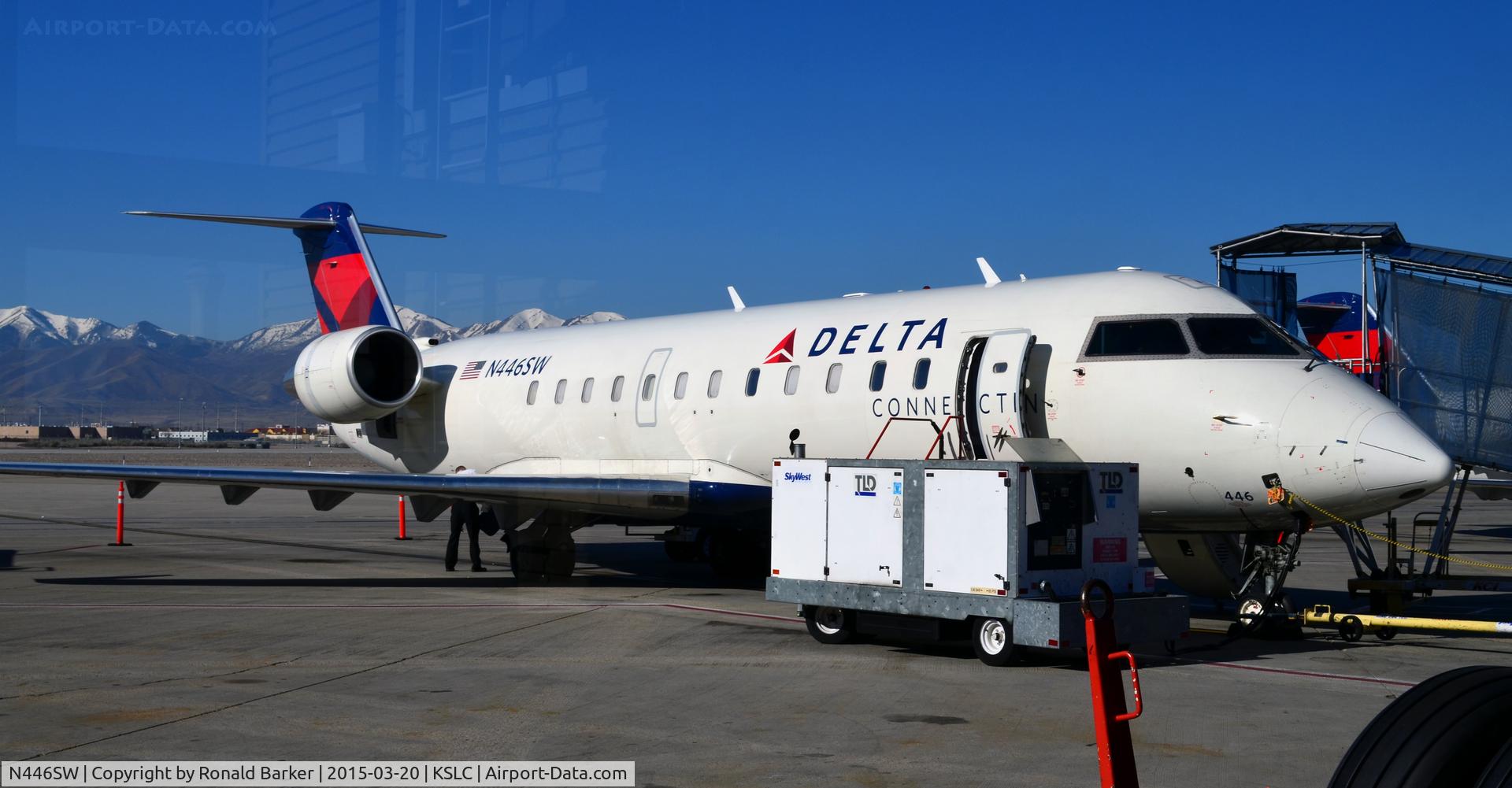 N446SW, 2002 Bombardier CRJ-200LR (CL-600-2B19) C/N 7666, At the gate SLC