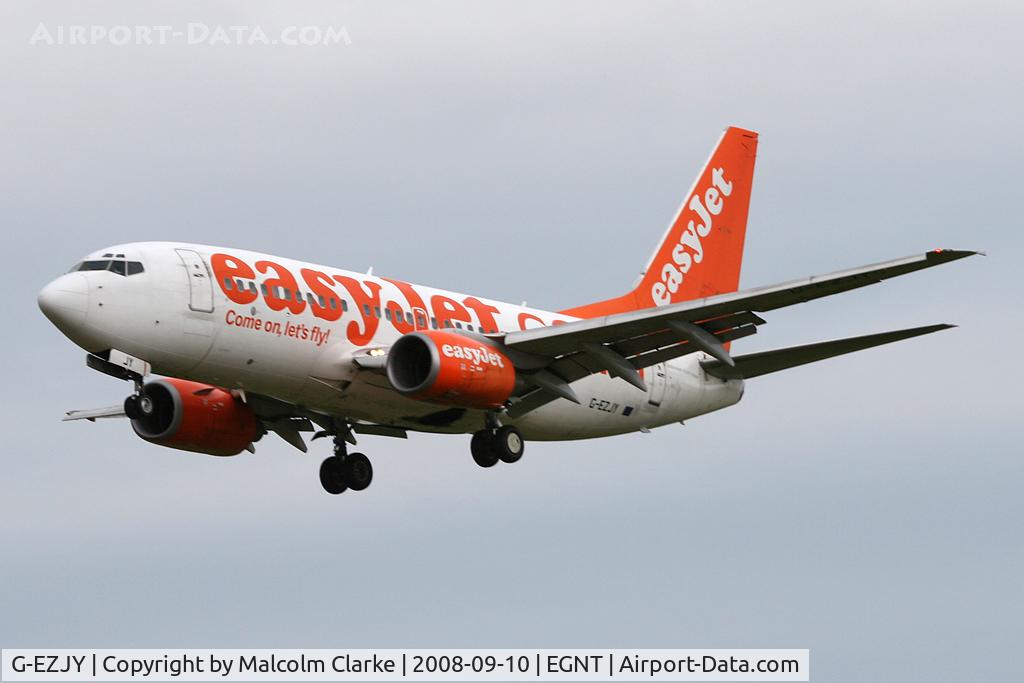 G-EZJY, 2003 Boeing 737-73V C/N 32420, Boeing 737-73V on approach to 25 at Newcastle Airport, September 2008.