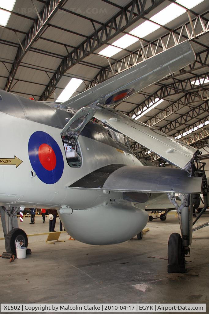 XL502, 1961 Fairey Gannet AEW.3 C/N F9461, Fairey Gannet AEW.3, showing the folding wings configuration to economically store the aircraft below deck. The Yorkshire Museum, Elvington, April 2010.