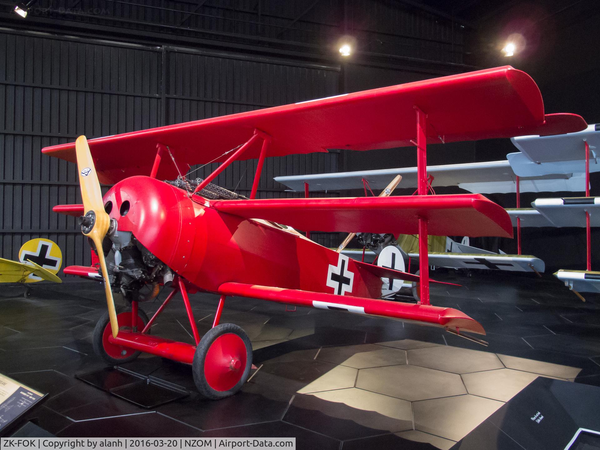 ZK-FOK, Fokker Triplane Replica Scout C/N AACA/266/2, On display in the Knights of the Sky exhibit at Omaka Aviation Heritage Centre