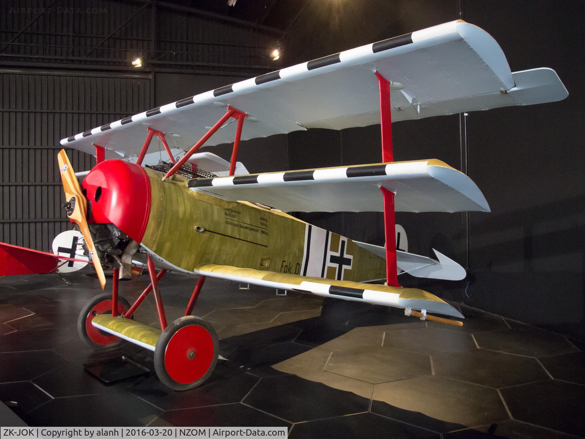 ZK-JOK, 1987 Fokker Dr.1 Triplane Replica C/N 2009, On display in the Knights of the Sky exhibit at Omaka Aviation Heritage Centre
