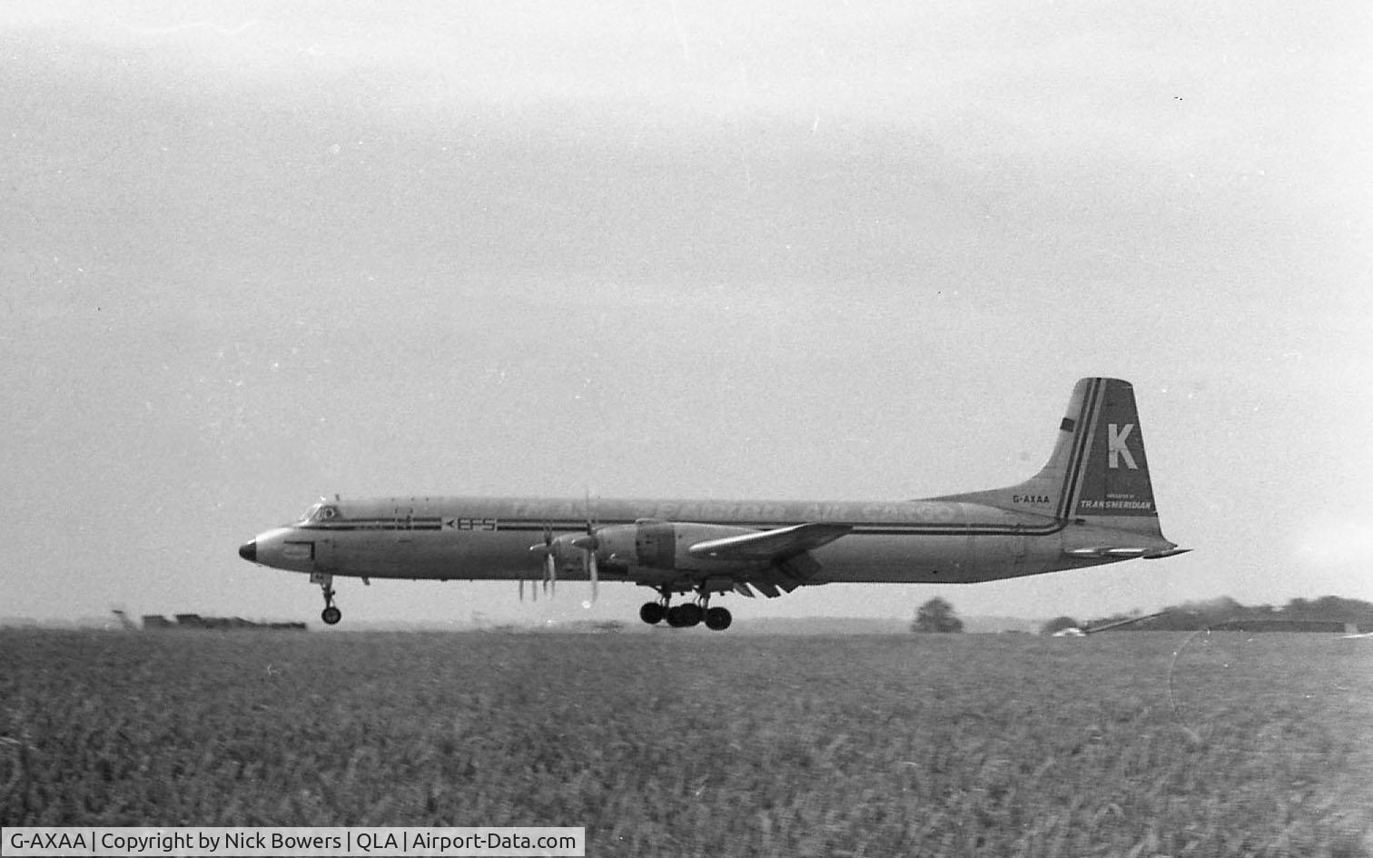 G-AXAA, 1960 Canadair CL-44D4-2 C/N 18, G-AXAA, photographed at Lasham Airfield, Hampshire, early summer 1972/3. Probably for maintenance at Dan Air's facility.
