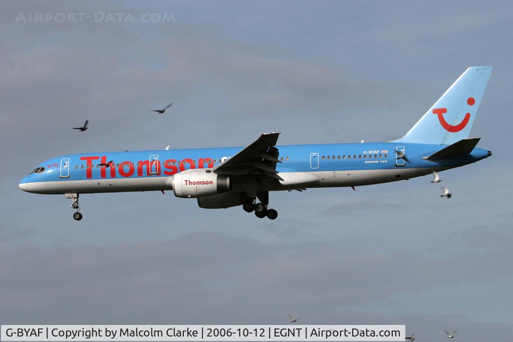 G-BYAF, 1992 Boeing 757-204 C/N 26266, Boeing 757-204 on approach to 25 at Newcastle Airport in October 2006.