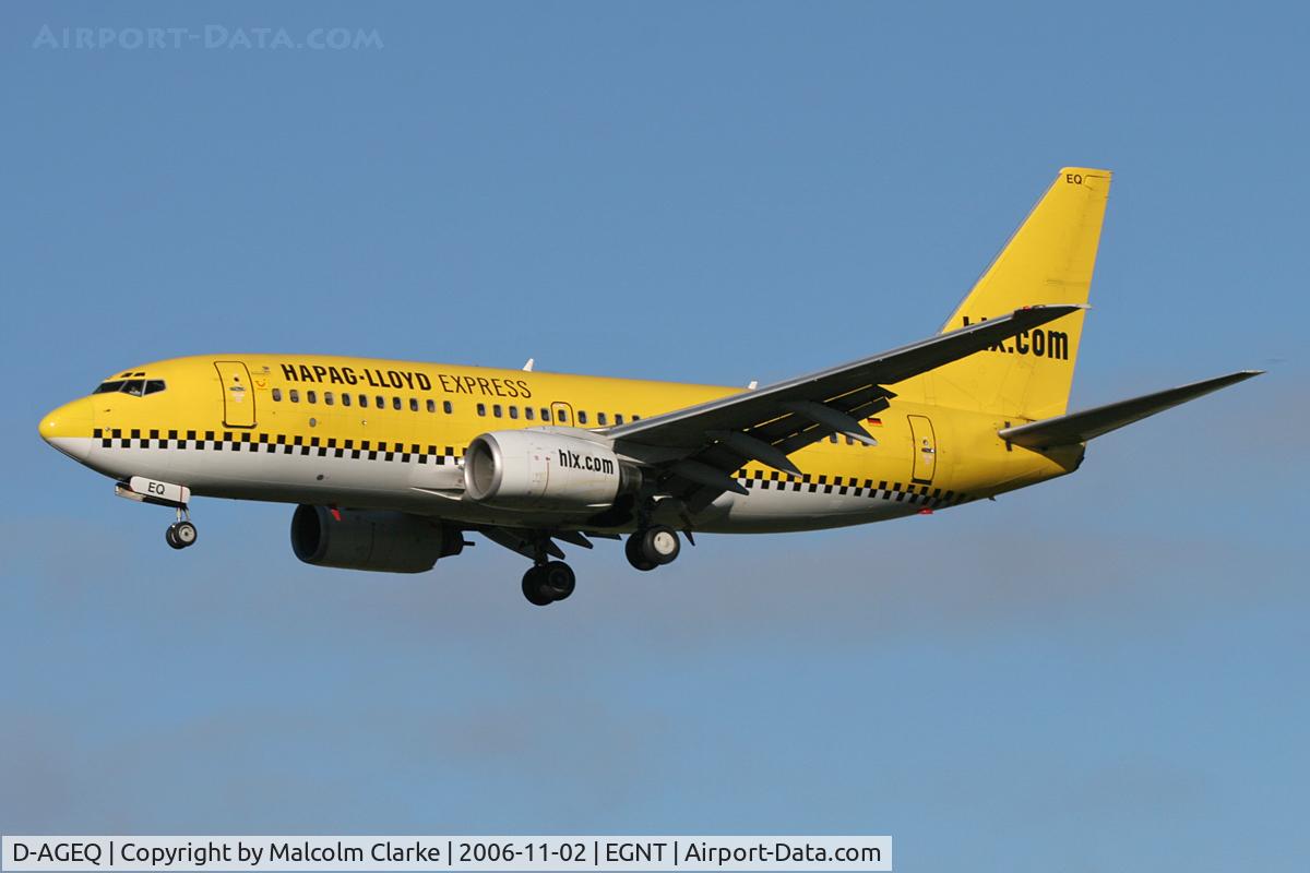 D-AGEQ, 1998 Boeing 737-75B C/N 28103, Boeing 737-75B on approach to 25 at Newcastle Airport, November 2006.