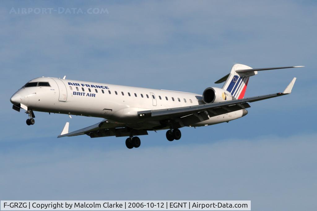 F-GRZG, 2002 Bombardier CRJ-701 (CL-600-2C10) Regional Jet C/N 10037, Canadair CL-600-2C10 Regional Jet CRJ-701 on approach to 25 at Newcastle Airport, October 2006.