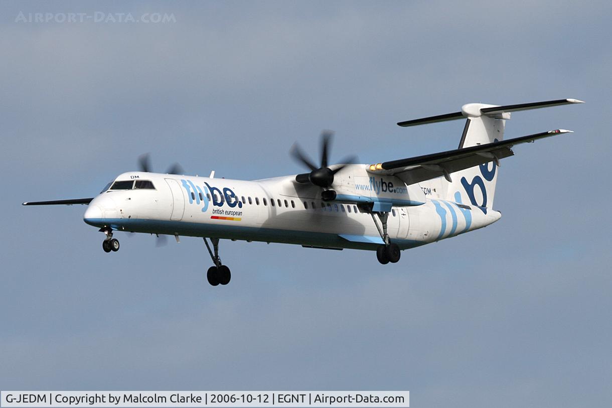 G-JEDM, 2003 De Havilland Canada DHC-8-402Q Dash 8 C/N 4077, De Havilland Canada DHC-8-402Q on approach to 25 at Newcastle Airport, October 2006.