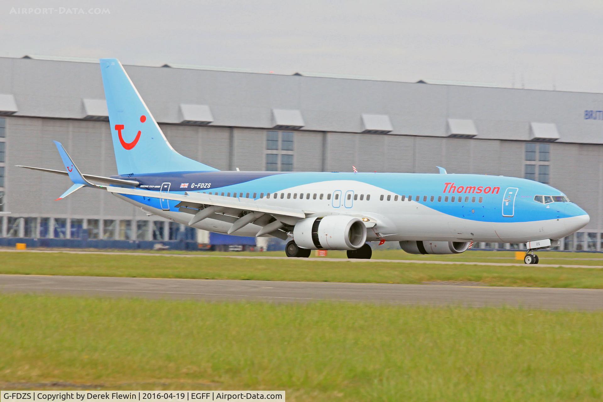 G-FDZS, 2009 Boeing 737-8K5 C/N 35147, 737-8K5, Thomson Airways, call sign Thomson 8AT, seen arriving on runway 12 out of Alicante,  note the open reverse thruster doors.