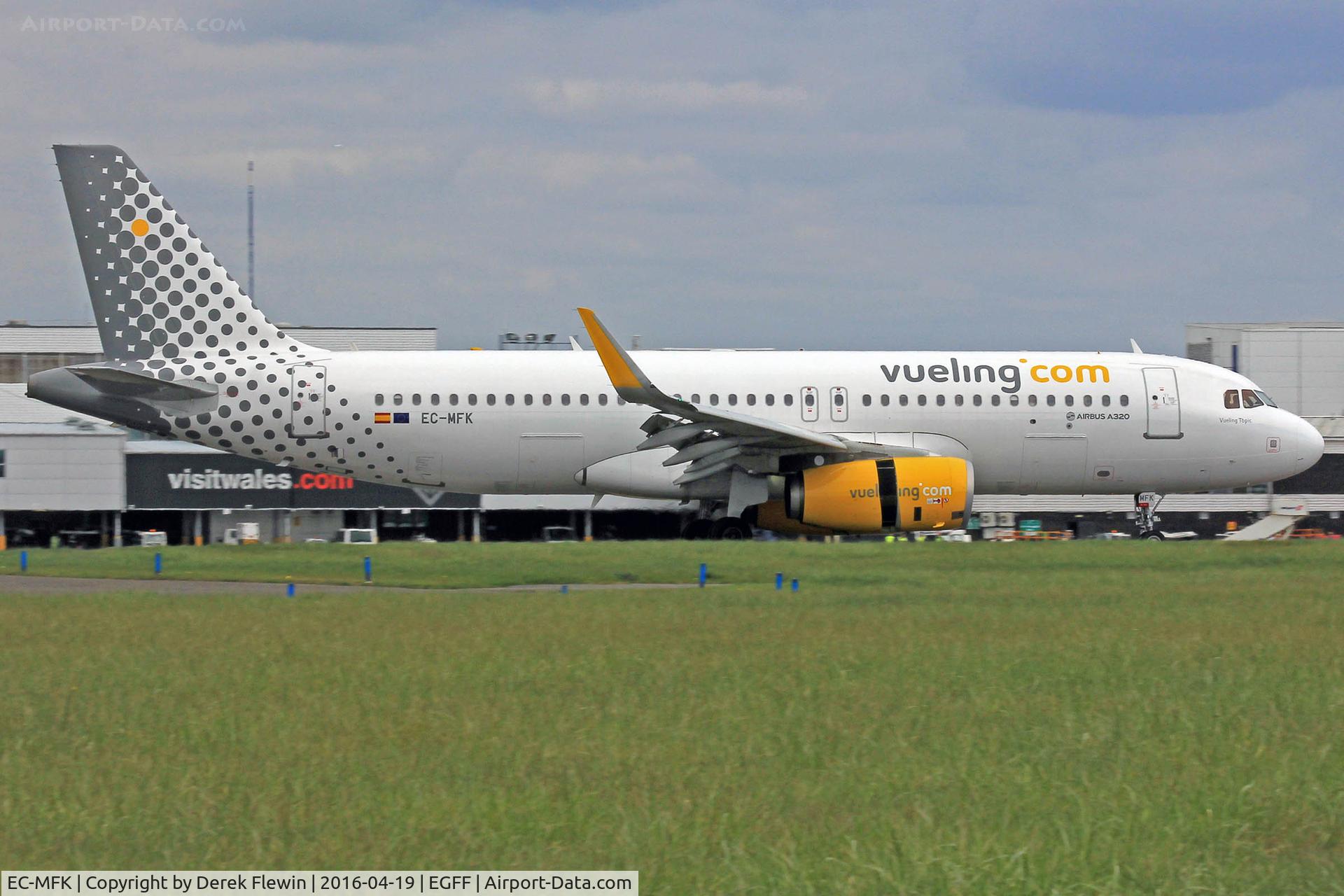 EC-MFK, 2015 Airbus A320-232 C/N 6535, A320-232, Vueling Airlines, callsign Vueling 12AV, previously F-WWBY, seen arriving on runway 12 out of Alicante,  note the open reverse thruster doors.