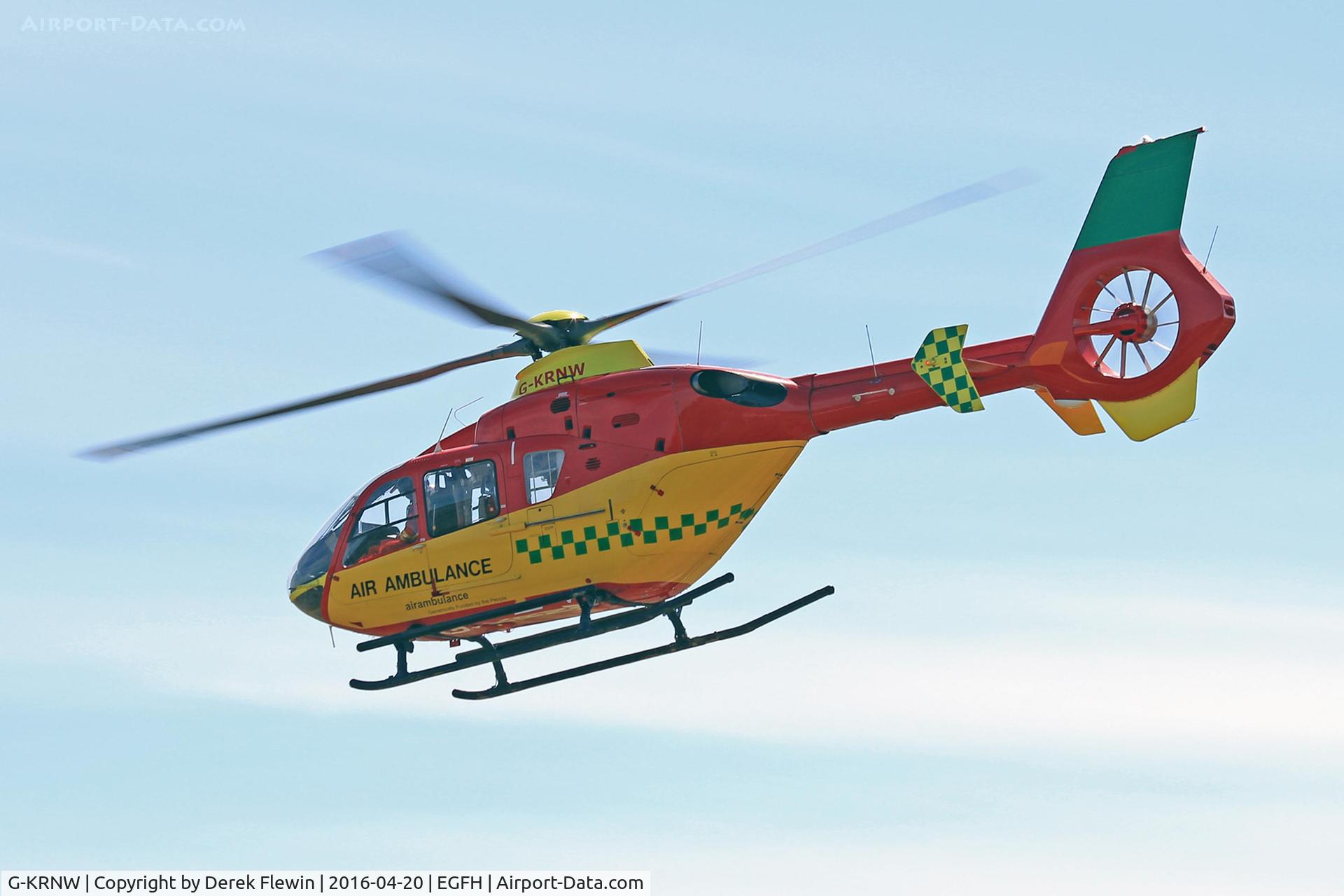 G-KRNW, 2001 Eurocopter EC-135T-2 C/N 0175, EC-135T-2, Bond Air Services Ltd, previously Cornwall Air Ambulance, Hampshire & Isle of Wight Air Ambulance, Bonds spare frame being used at EGFH due to G-WASN away being serviced, lifting on a 