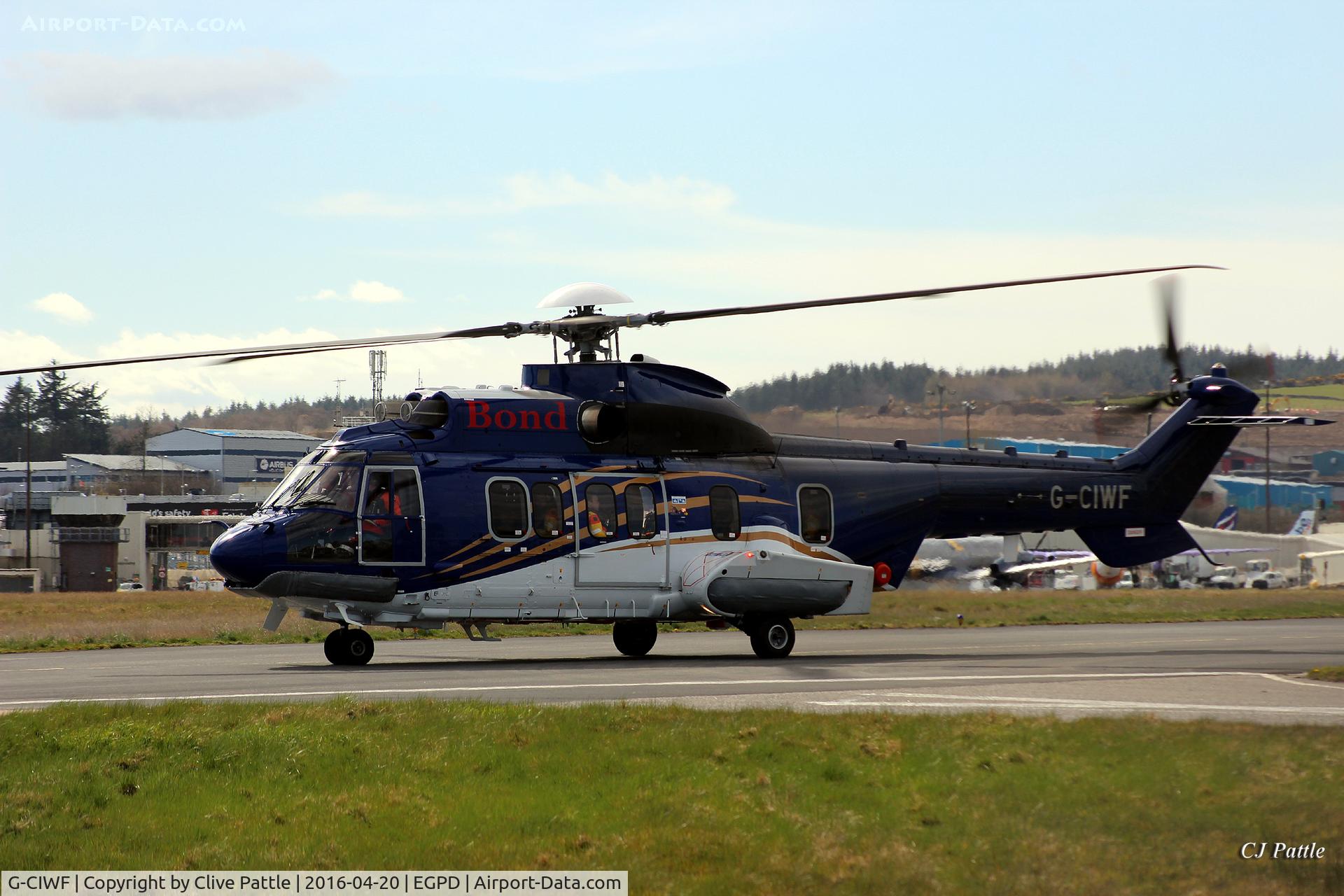 G-CIWF, 2015 Airbus Helicopters EC-225LP Super Puma C/N 2955, Taxi in at Aberdeen Airport EGPD loaded with oil rig workers. A fairly new addition to the fleet.