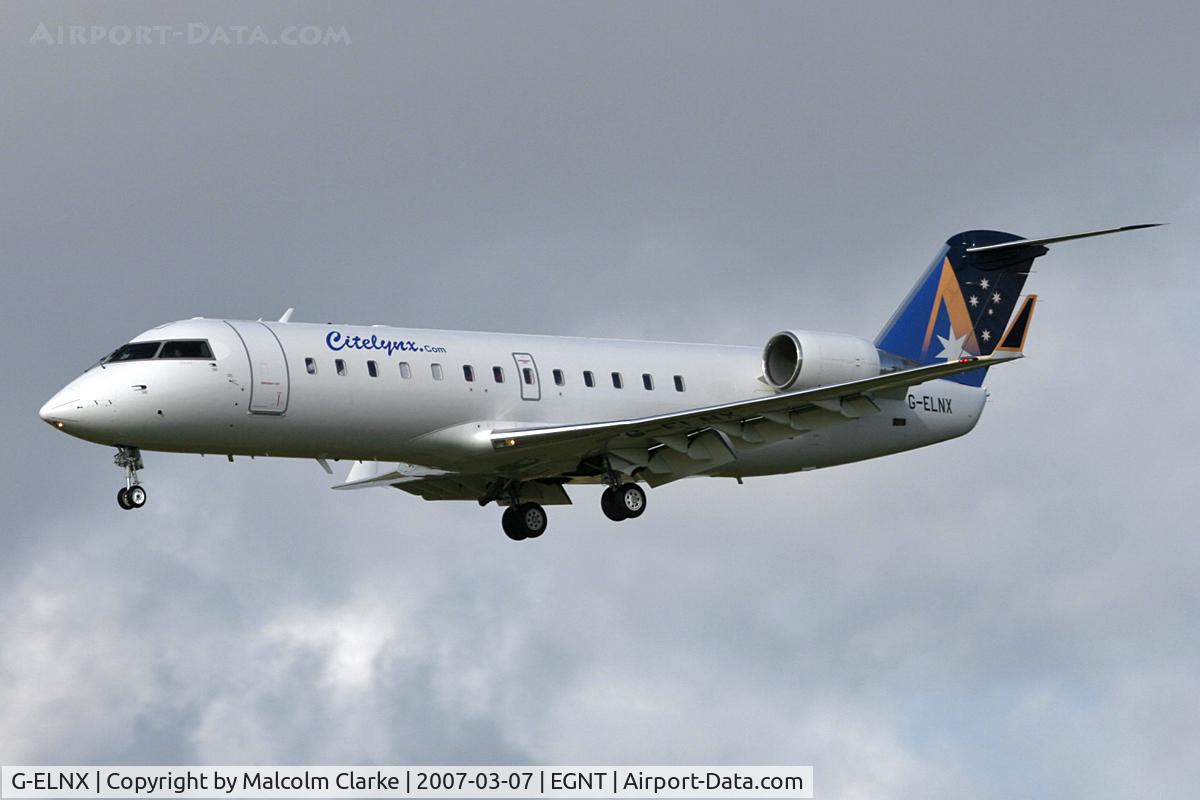 G-ELNX, 2001 Canadair CRJ-200LR (CL-600-2B19) C/N 7508, Canadair CL-600-2B19 Regional Jet CRJ-200LR on approach to 25 at Newcastle Airport, March 2007.