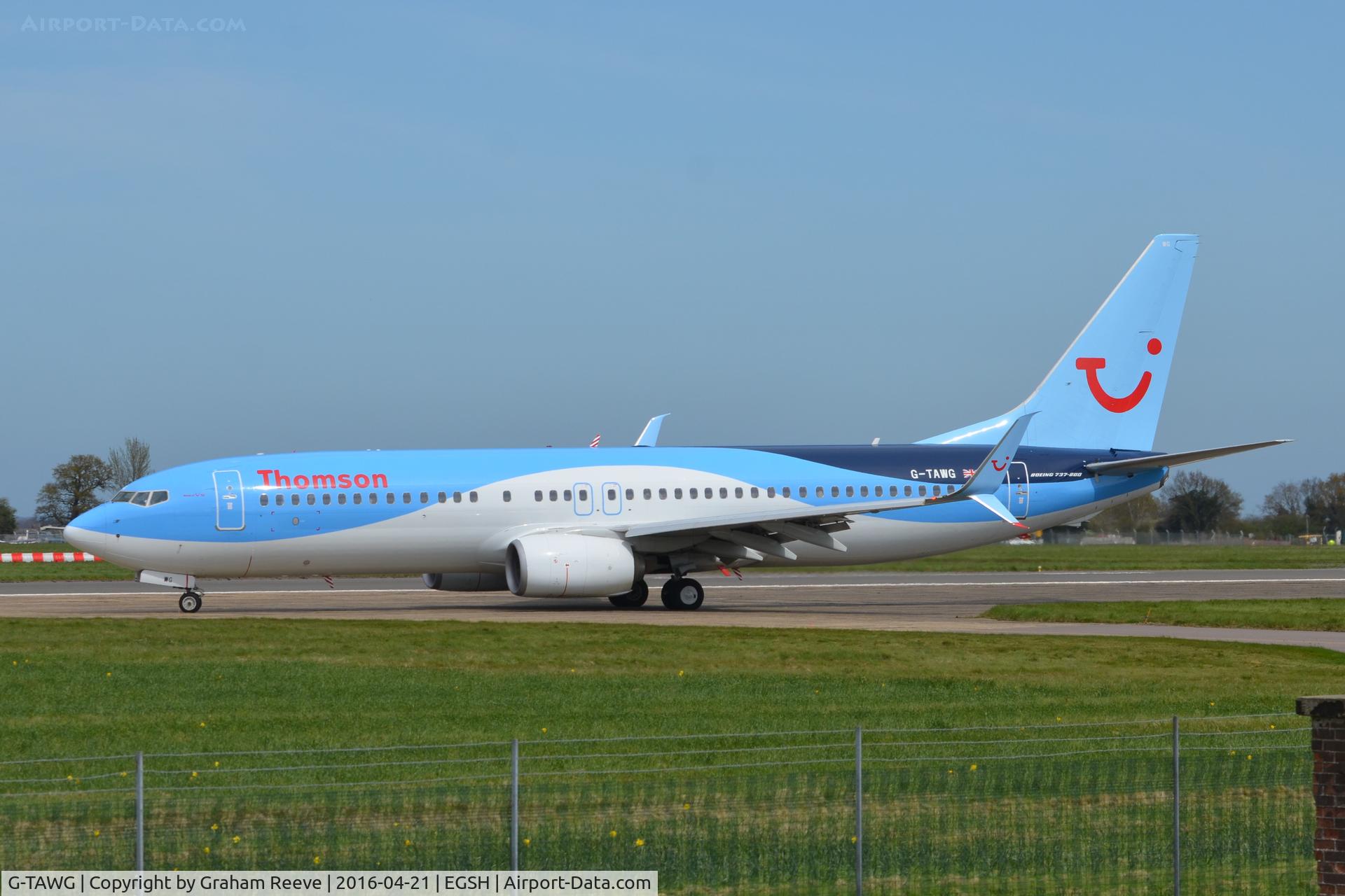 G-TAWG, 2012 Boeing 737-8K5 C/N 37266, About to depart from Norwich.