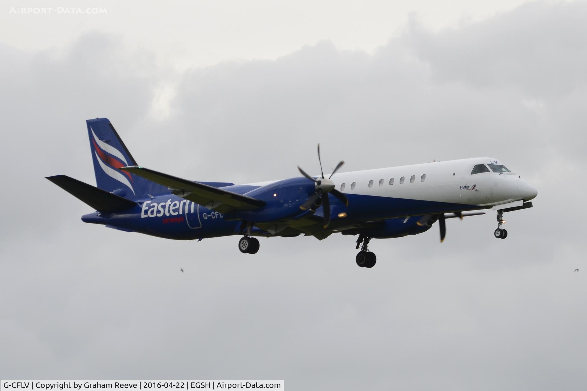 G-CFLV, 1995 Saab 2000 C/N 2000-023, Landing at Norwich.