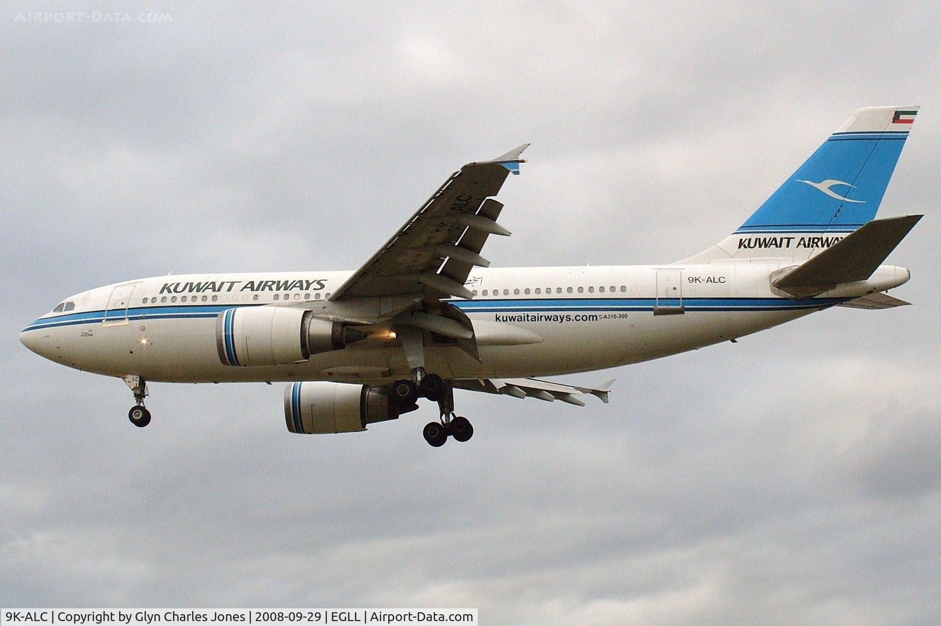 9K-ALC, 1992 Airbus A310-308 C/N 663, 'Kazma' on finals to runway 27L. Previously JY-AGT and test registration F-WWCQ. Kuwait Airways A310s are not common at London-Heathrow.