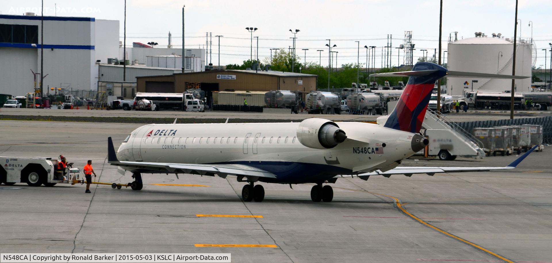 N548CA, 2008 Bombardier CRJ-900ER (CL-600-2D24) C/N 15159, Pushback SLC