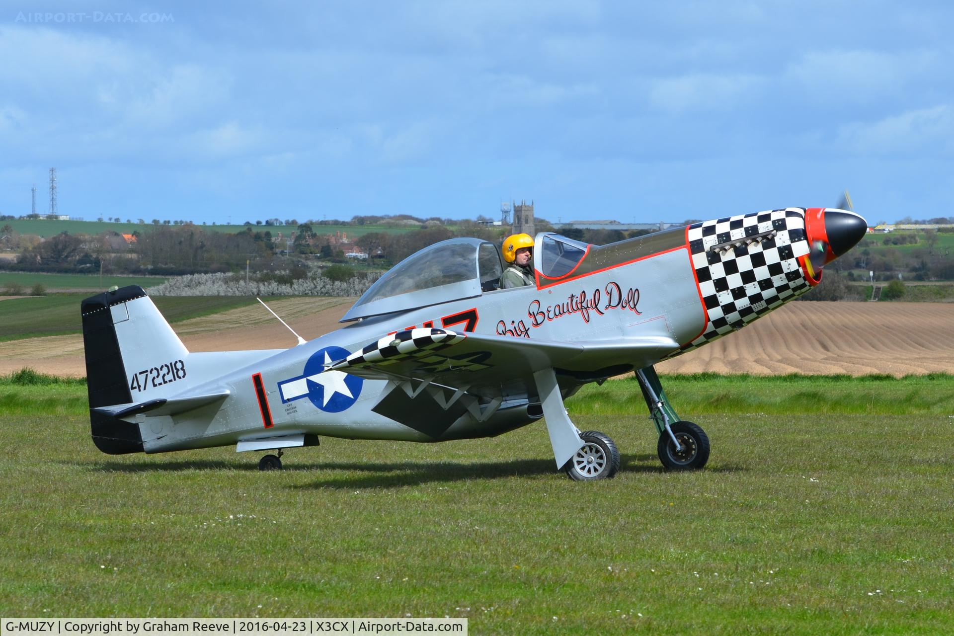 G-MUZY, 2008 Titan T-51 Mustang C/N LAA 355-14831, Just landed at Northrepps.