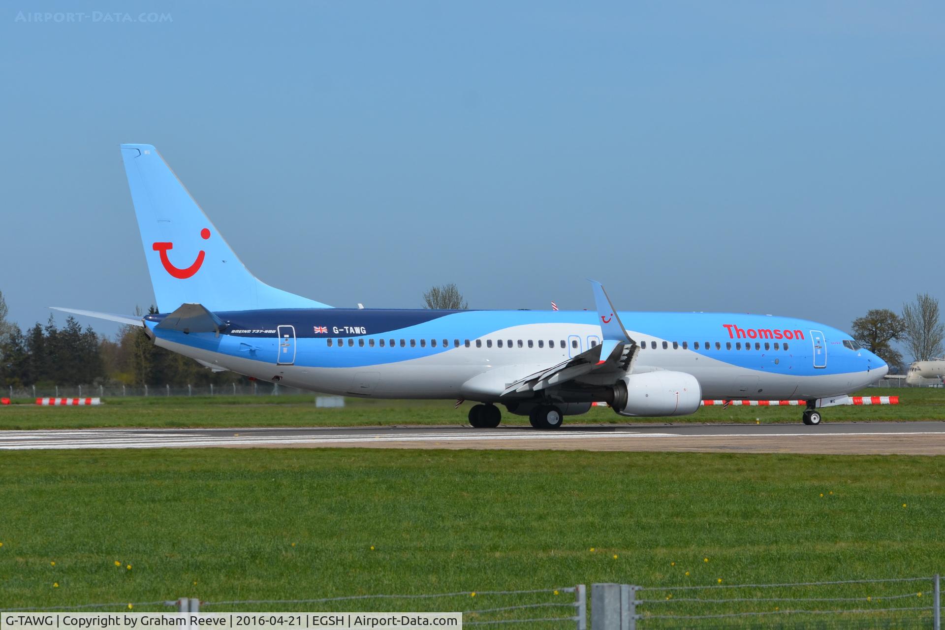 G-TAWG, 2012 Boeing 737-8K5 C/N 37266, About to depart from Norwich.