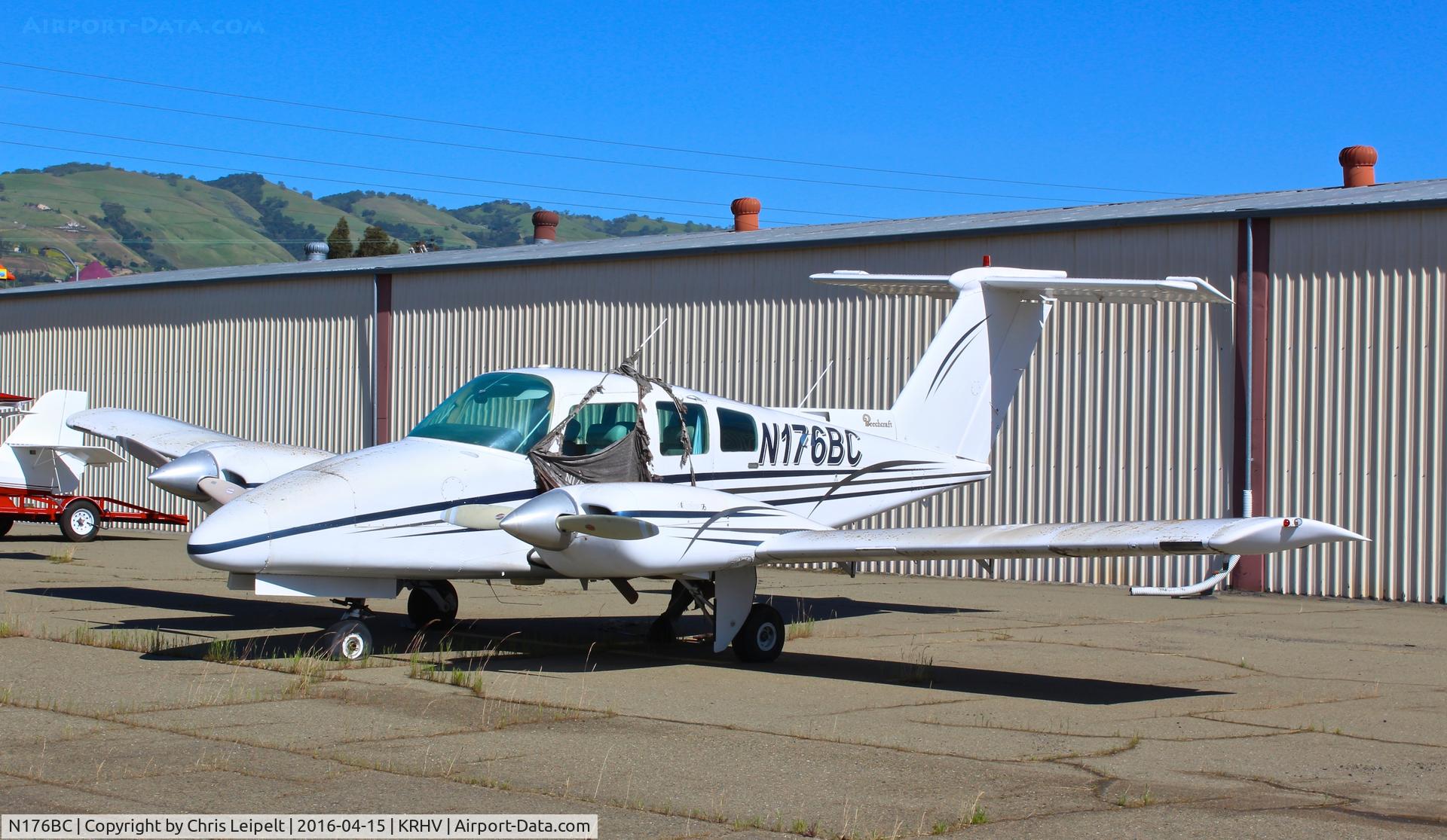 N176BC, 1979 Beech 76 Duchess C/N ME-269, Locally-based 1979 Beechcraft Duchess sitting at its tie down at Reid Hillview Airport, San Jose, CA. The owner of this BE76 owns a C172 which is also rotting and has been sitting for decades.