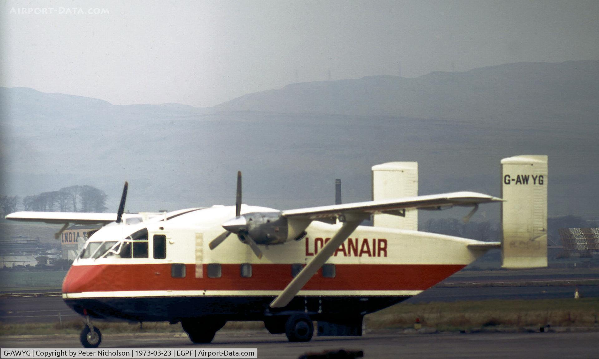 G-AWYG, 1968 Short SC7 Skyvan 3-200 C/N SH.1856, Skyvan of Loganair as seen at Glasgow in the Spring of 1973.