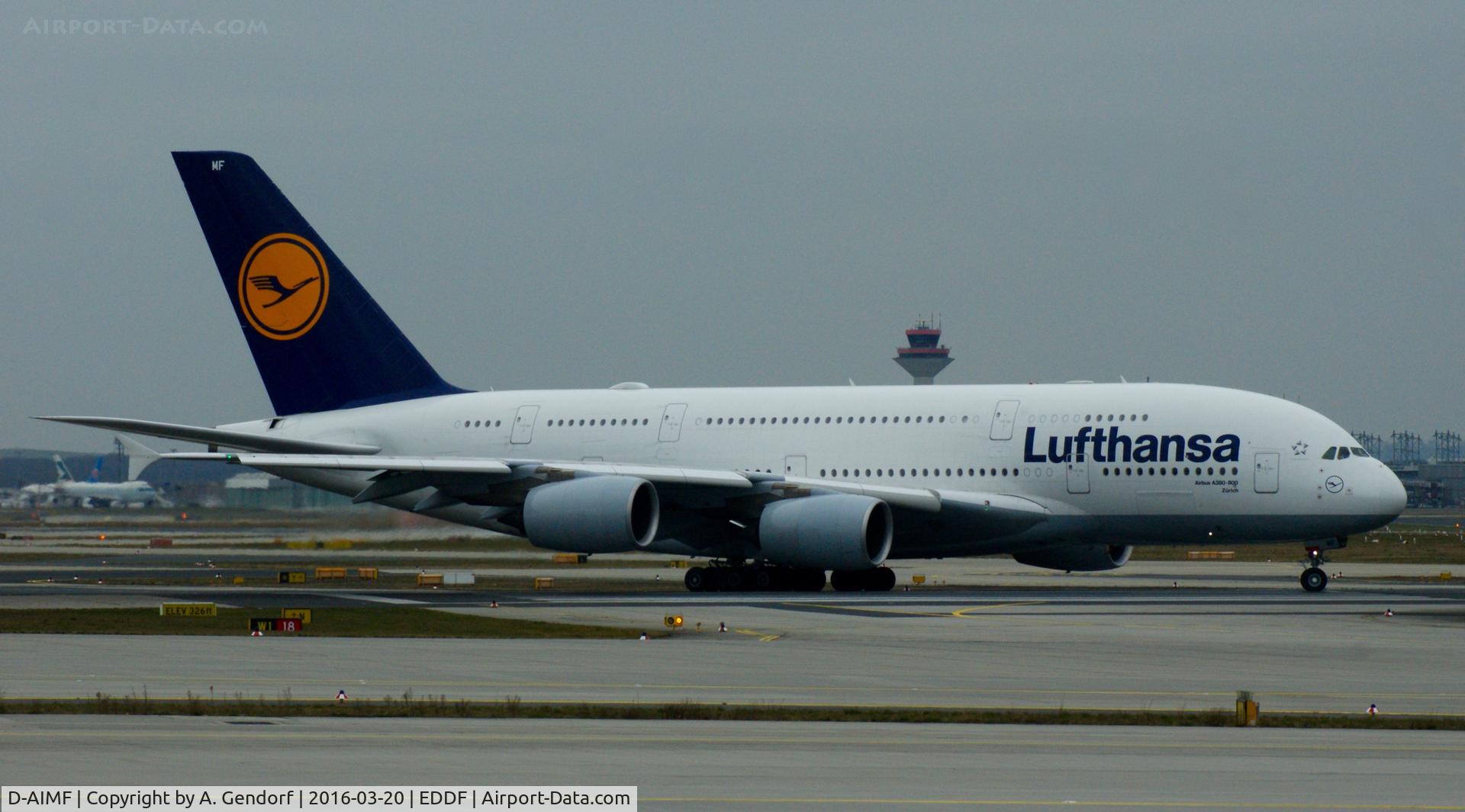 D-AIMF, 2011 Airbus A380-841 C/N 066, Lufthansa, is here taxiing at Frankfurt Rhein/Main(EDDF)