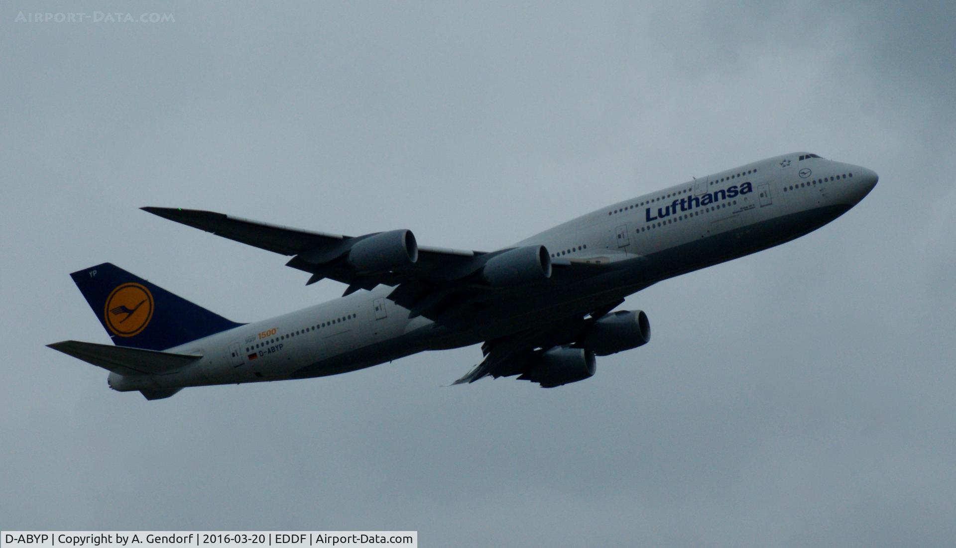 D-ABYP, 2014 Boeing 747-830 C/N 37839, Lufthansa (1500th B747 sticker), is here climbing out at Frankfurt Rhein/Main(EDDF)