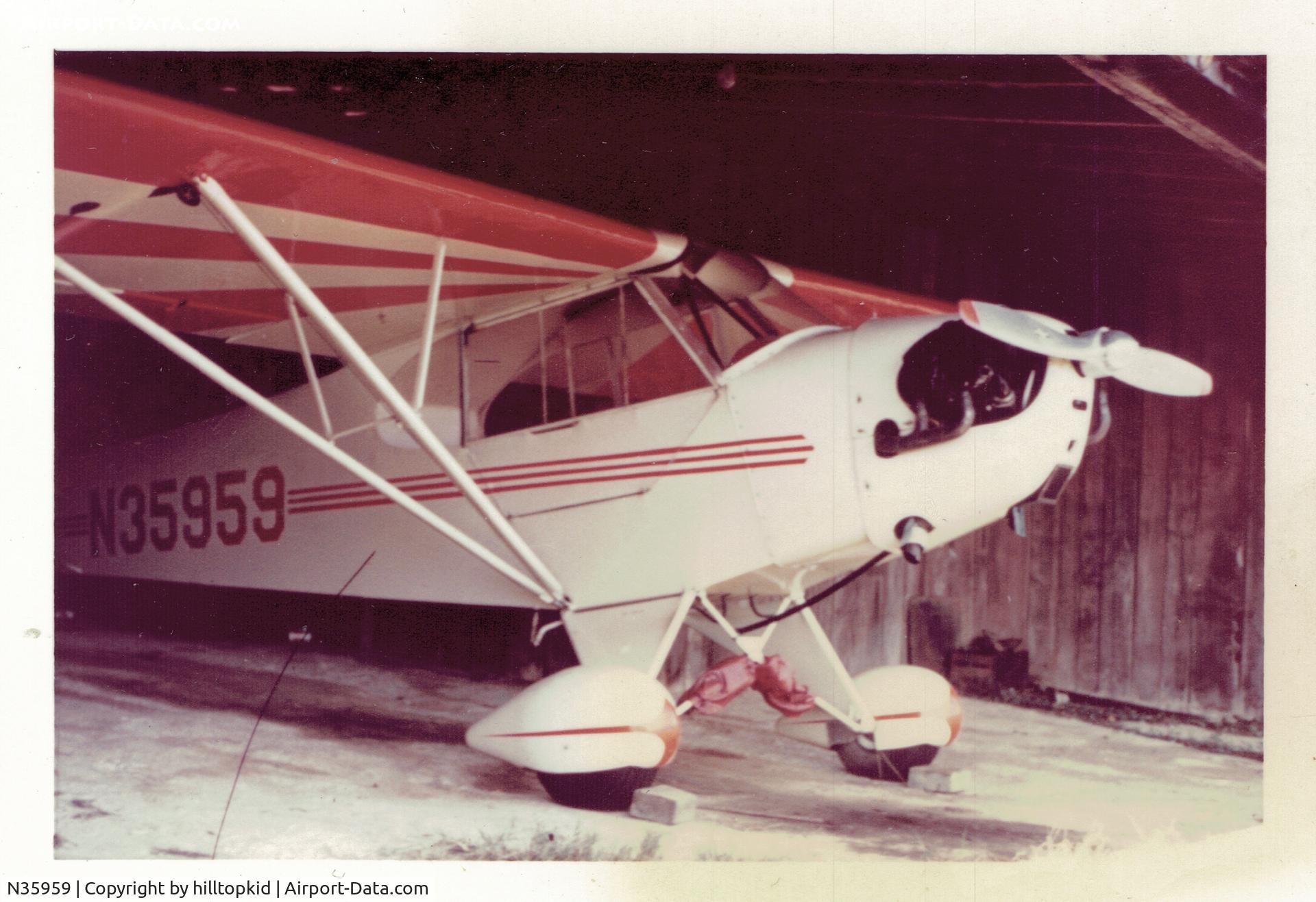 N35959, 1941 Piper J3C-65 Cub C/N 6666, This clipped wing Piper Cub is shown in Frank Sadler's hangar, Clover, VA, in 1950s. Frank was a crop sprayer, but flew airshows in this plane. His grass field no longer exists.