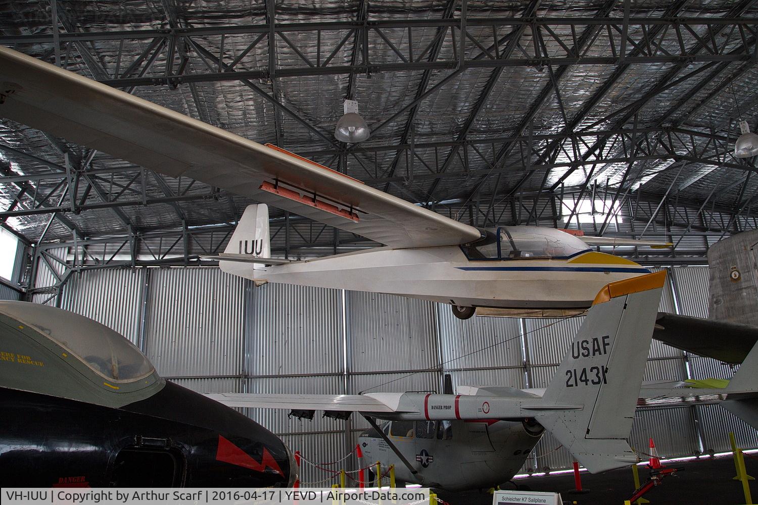 VH-IUU, 1959 Schleicher Ka-7 Rhonadler C/N 691, Evans Head NSW - hanging from the ceiling at the Memorial Aerodrome Heritage Aviation Museum April 2016