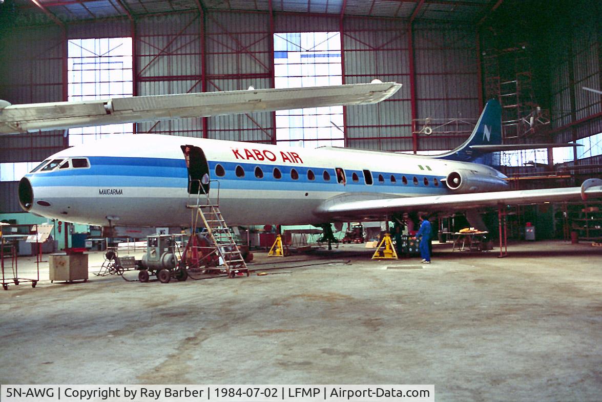 5N-AWG, 1962 Sud Aviation SE-210 Caravelle III C/N 111, Sud Aviation SE.210 Caravelle 3 [111] (Kabo Air) Perpignan-Rivesaltes~F 02/07/1984. From a slide.