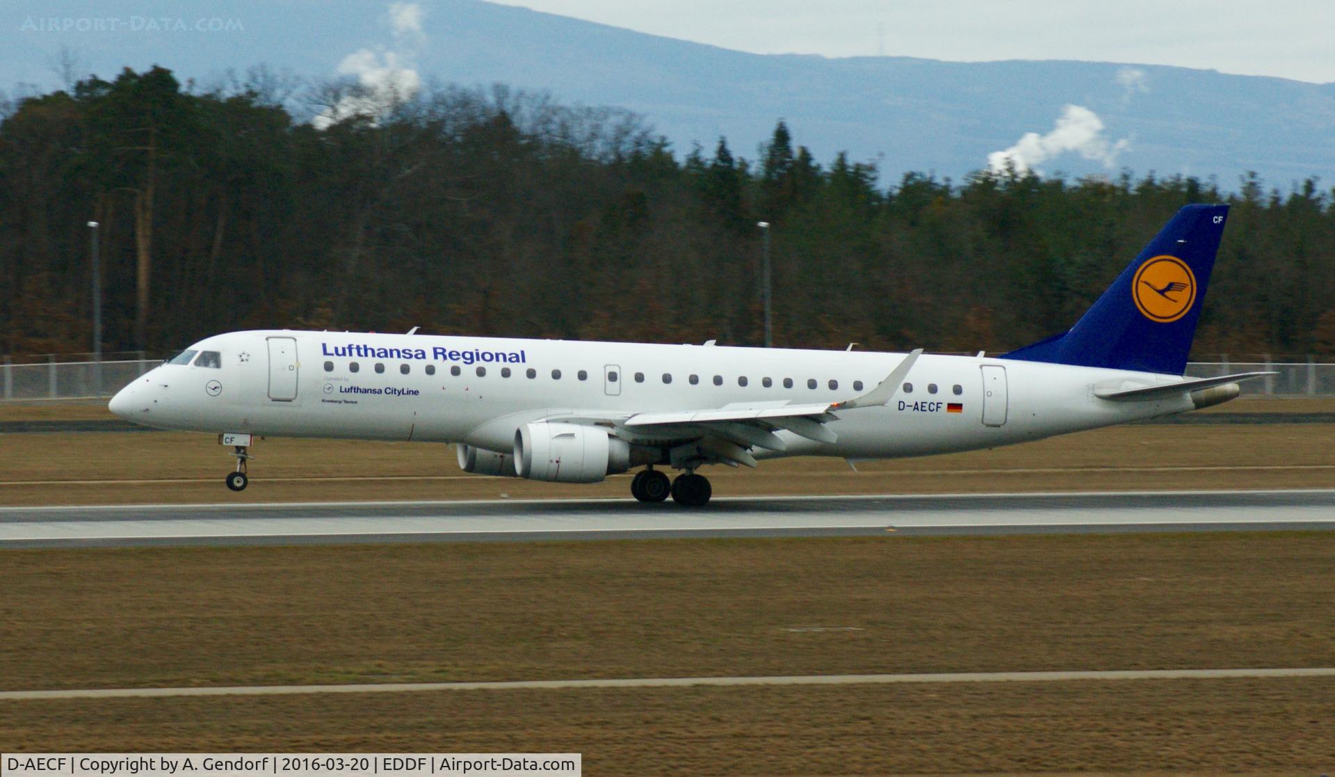 D-AECF, 2010 Embraer 190LR (ERJ-190-100LR) C/N 19000359, Lufthansa Cityline, is here landing at Frankfurt Rhein/Main(EDDF)