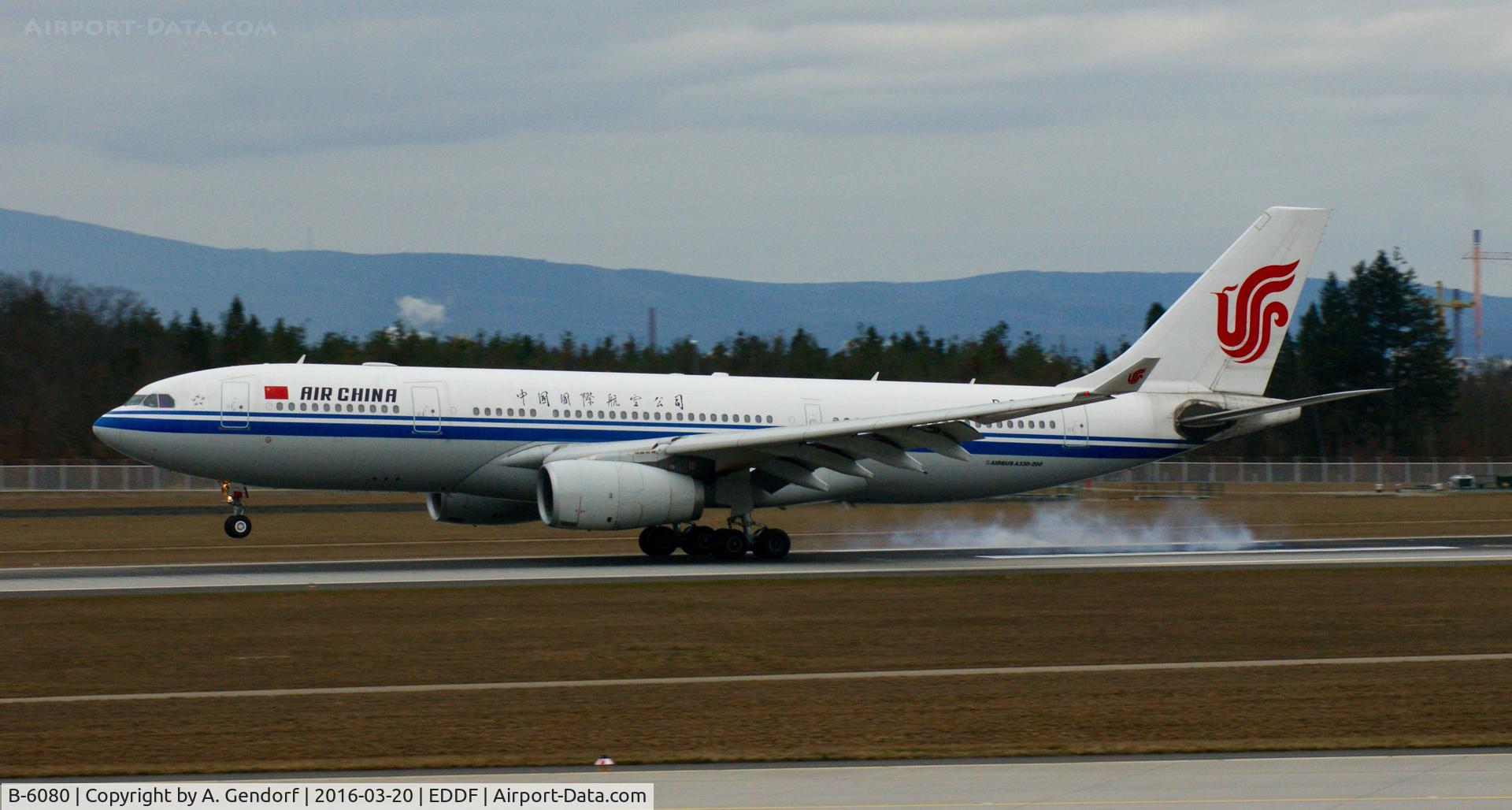 B-6080, 2007 Airbus A330-243 C/N 815, Air China, seen here burning some rubber while touching down RWY 25 R at Frankfurt Rhein/Main(EDDF)