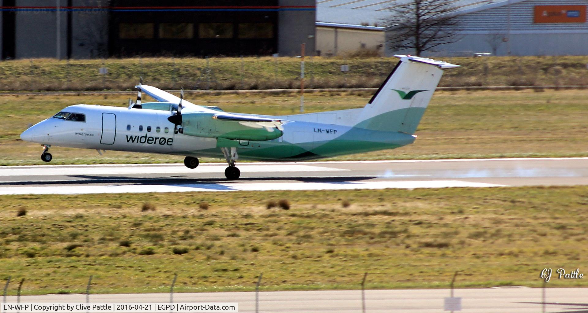 LN-WFP, 1998 De Havilland Canada DHC-8-311Q Dash 8 C/N 495, One wheeled landing at Aberdeen EGPD