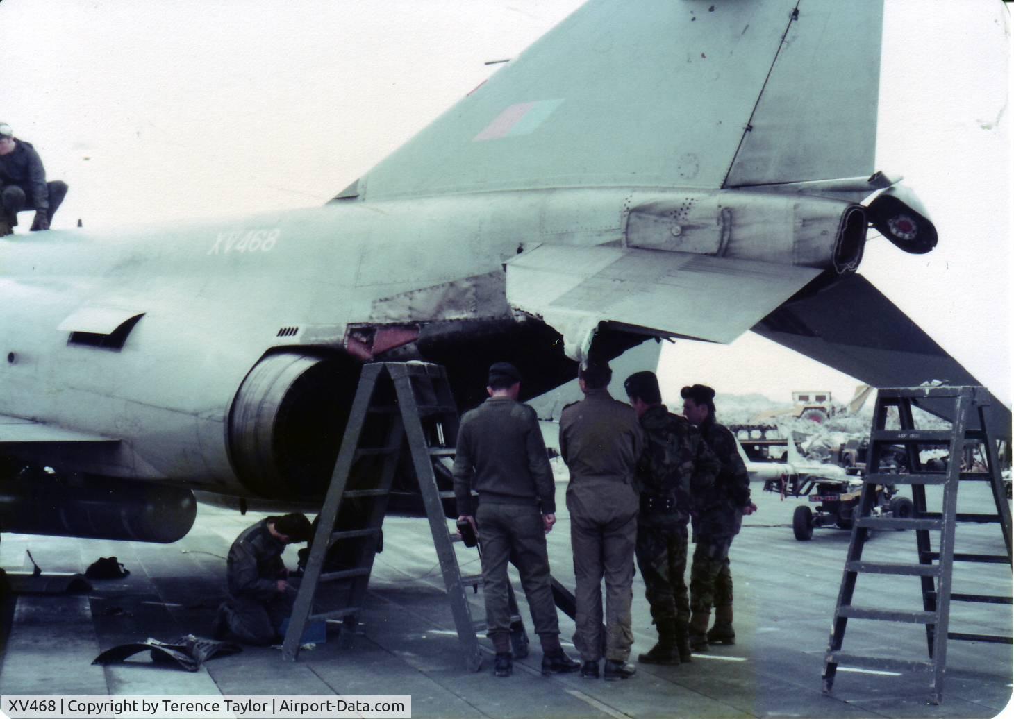 XV468, 1969 McDonnell Douglas Phantom FGR2 C/N 3276, 29 Squadron RAF Stanley Falkland Islands 1982. Landed, took the rhag on Stanley airfield. Rhag snapped, whiplashed back and damaged aircraft (cat 5). Robbed for spares and airframe sent back to UK.