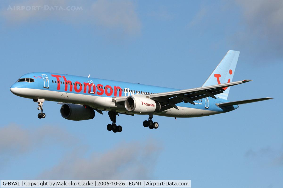 G-BYAL, 1993 Boeing 757-204 C/N 25626, Boeing 757-204 on approach to 25 at newcastle Airport, October 2006.