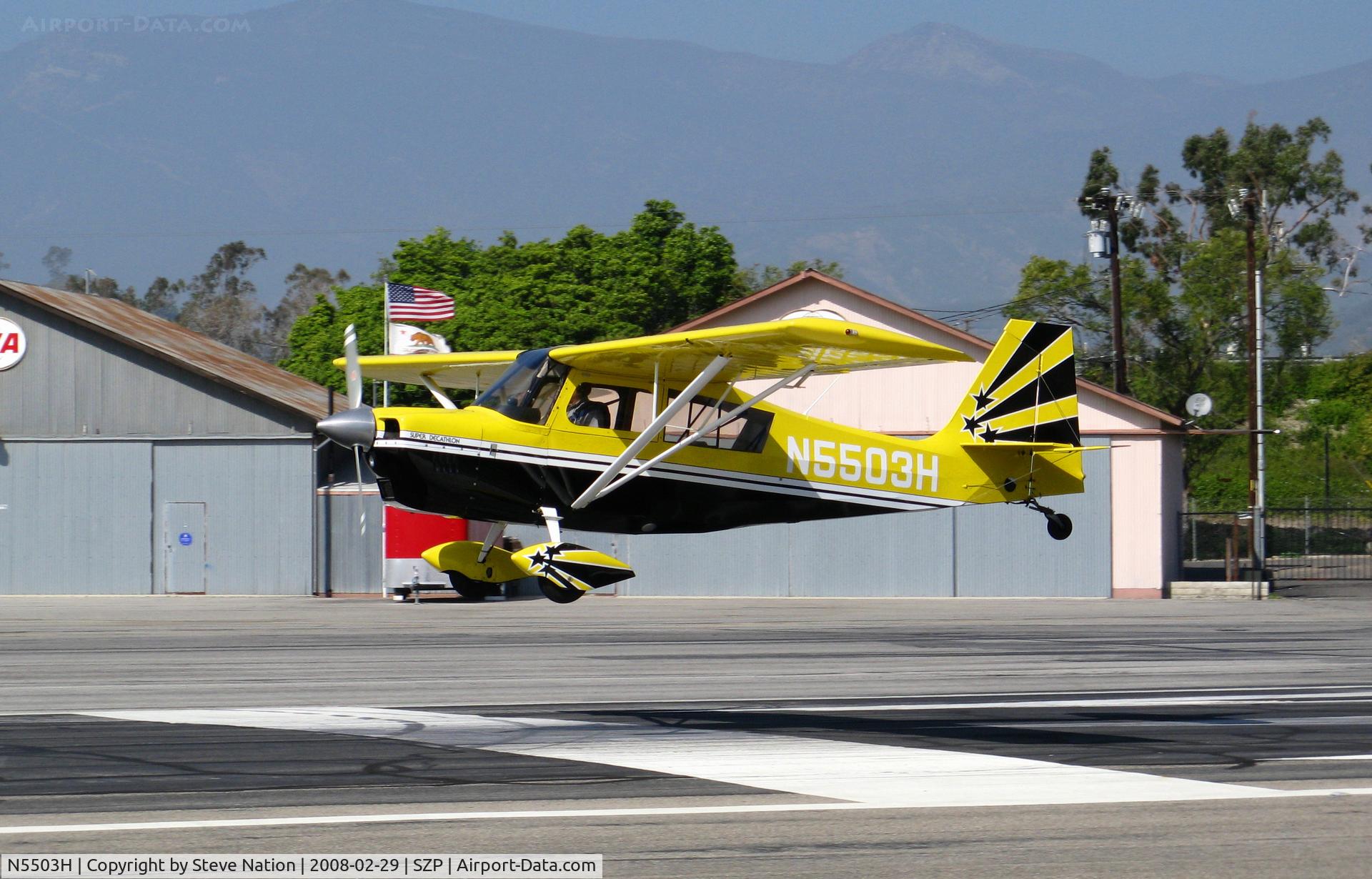 N5503H, 1978 Bellanca 8KCAB Super Decathlon C/N 413-78, Locally-based 1978 Bellanca 8KCAB Super Decathalon flaring for landing @ Santa Paula Airport (Ventura County), CA