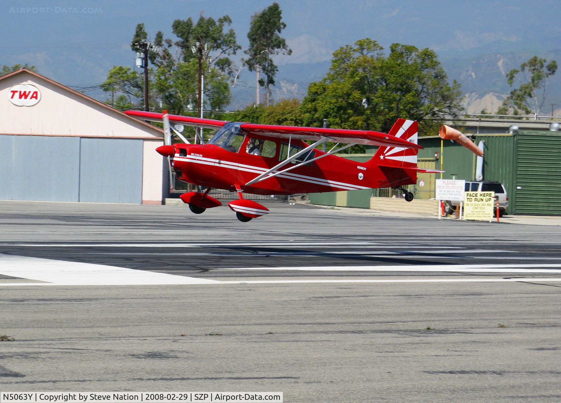 N5063Y, 1979 Bellanca 8KCAB Decathlon C/N 582-80, Locally-based 1979 Bellanca 8KCAB Super Decathalon flaring for landing @ Santa Paula Airport (Ventura County), CA