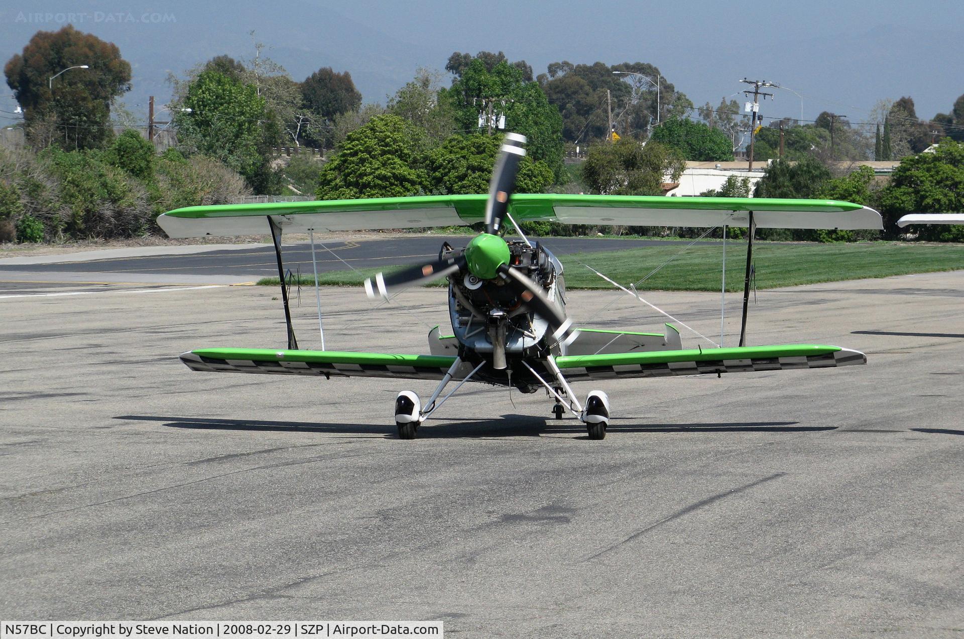 N57BC, 2001 Aviat Pitts S-2C Special C/N 6042, Locally-based 2001 Aviat Pitts S-2C out for a quick spin (sans cowling) after engine maintenance @ Santa Paula Airport (Ventura County), CA