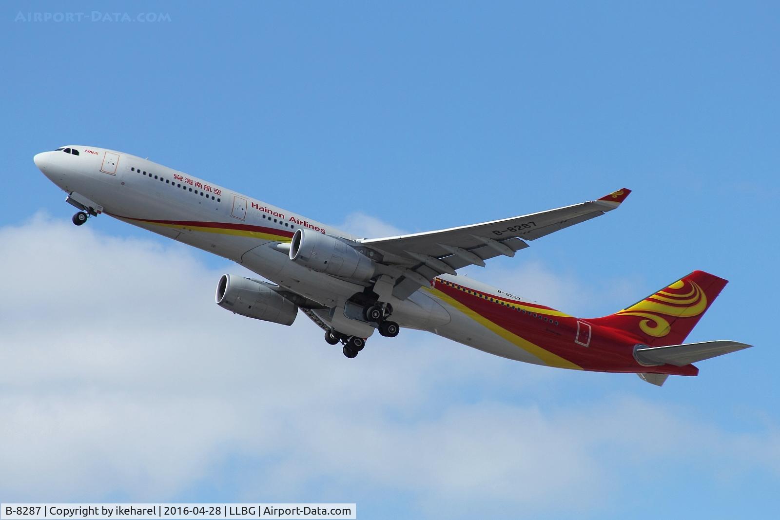 B-8287, 2016 Airbus A330-343 C/N 1703, Hainan-Airlines inaugurated the new route between Beijing and Tel-Aviv on April 28th 2016.
Here is the first T/O from runway 26, en-route to Beijing, a 9h approx. flight duration.