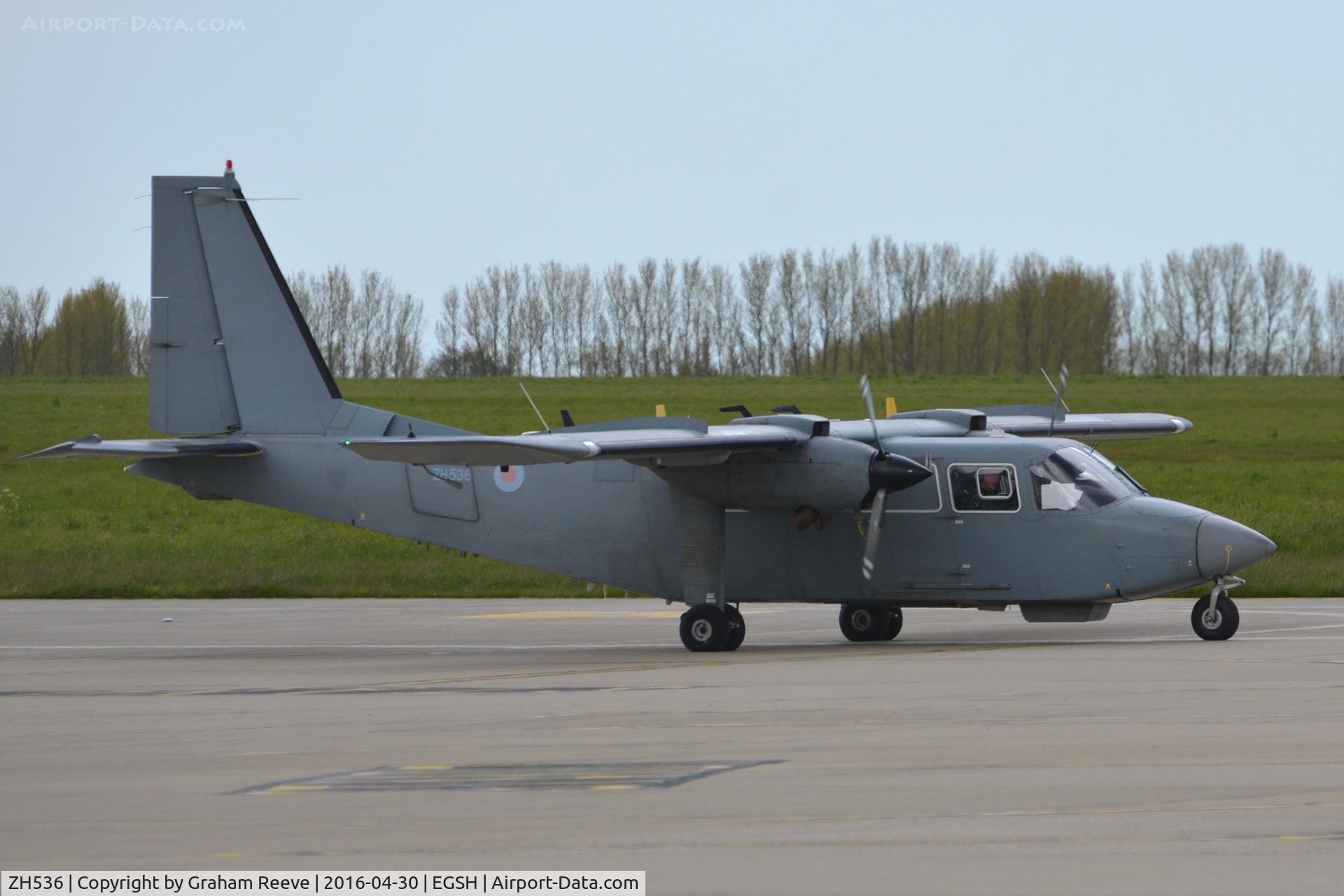 ZH536, 1990 Pilatus Britten-Norman BN-2T Islander CC2 C/N 2235, About to depart from Norwich.