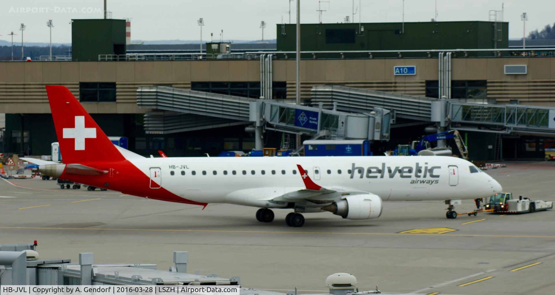 HB-JVL, 2010 Embraer E190 (ERJ-190-100) C/N 19000354, Helvetic, is here pushed back from the gate at Zürich-Kloten(LSZH)