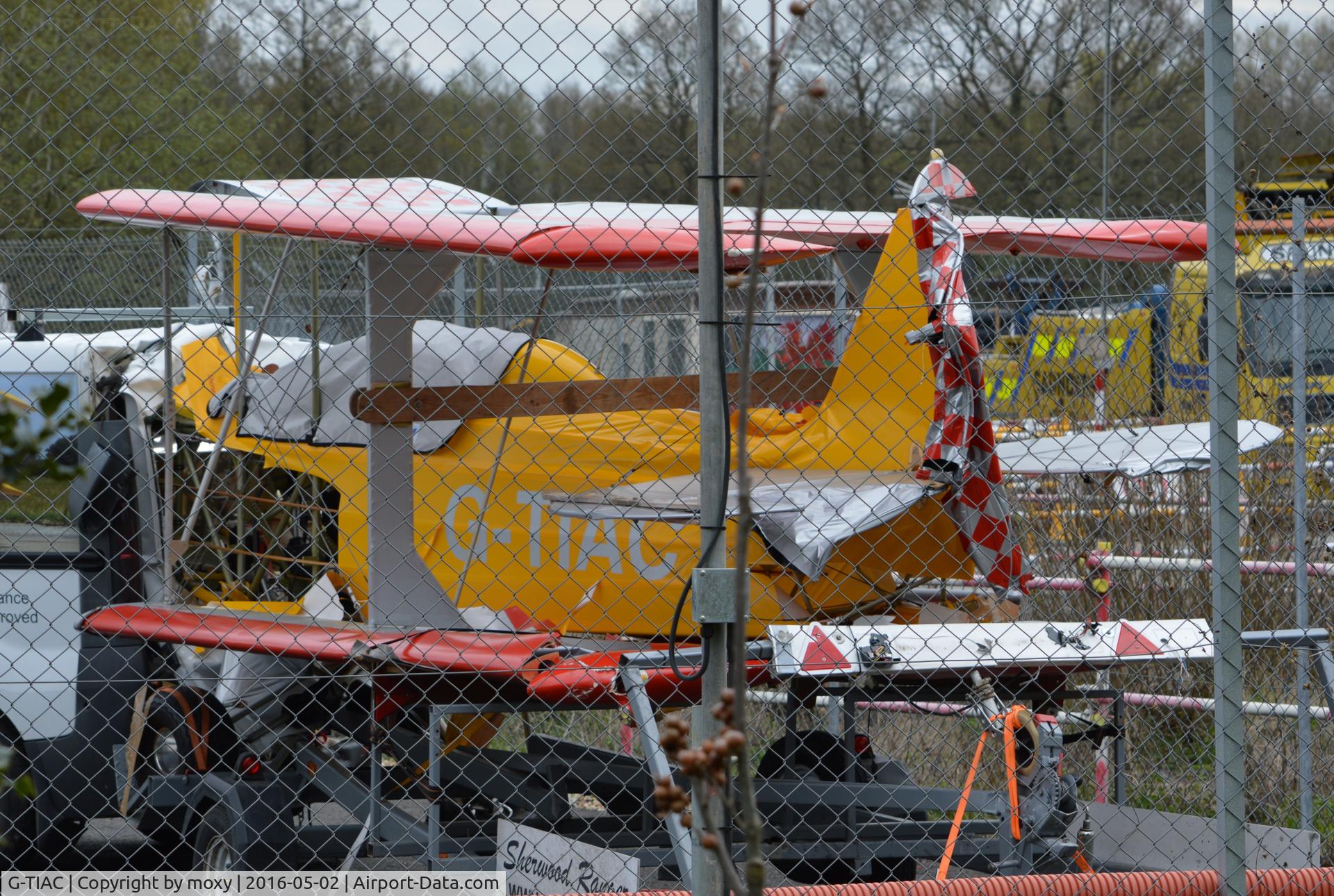 G-TIAC, 2011 TLAC Sherwood Ranger XP C/N LAA 237A-14949, Sherwood Ranger XP looking somewhat damaged in Balfour Beatty's facility in Windlesham.