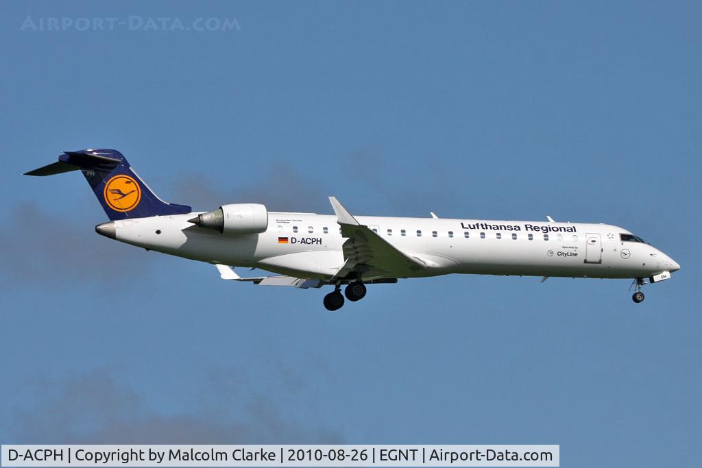 D-ACPH, 2002 Canadair CRJ-701ER (CL-600-2C10) Regional Jet C/N 10043, Canadair CL-600-2C10 Regional Jet CRJ-701ER on approach to 07 at Newcastle Airport, August 2010.